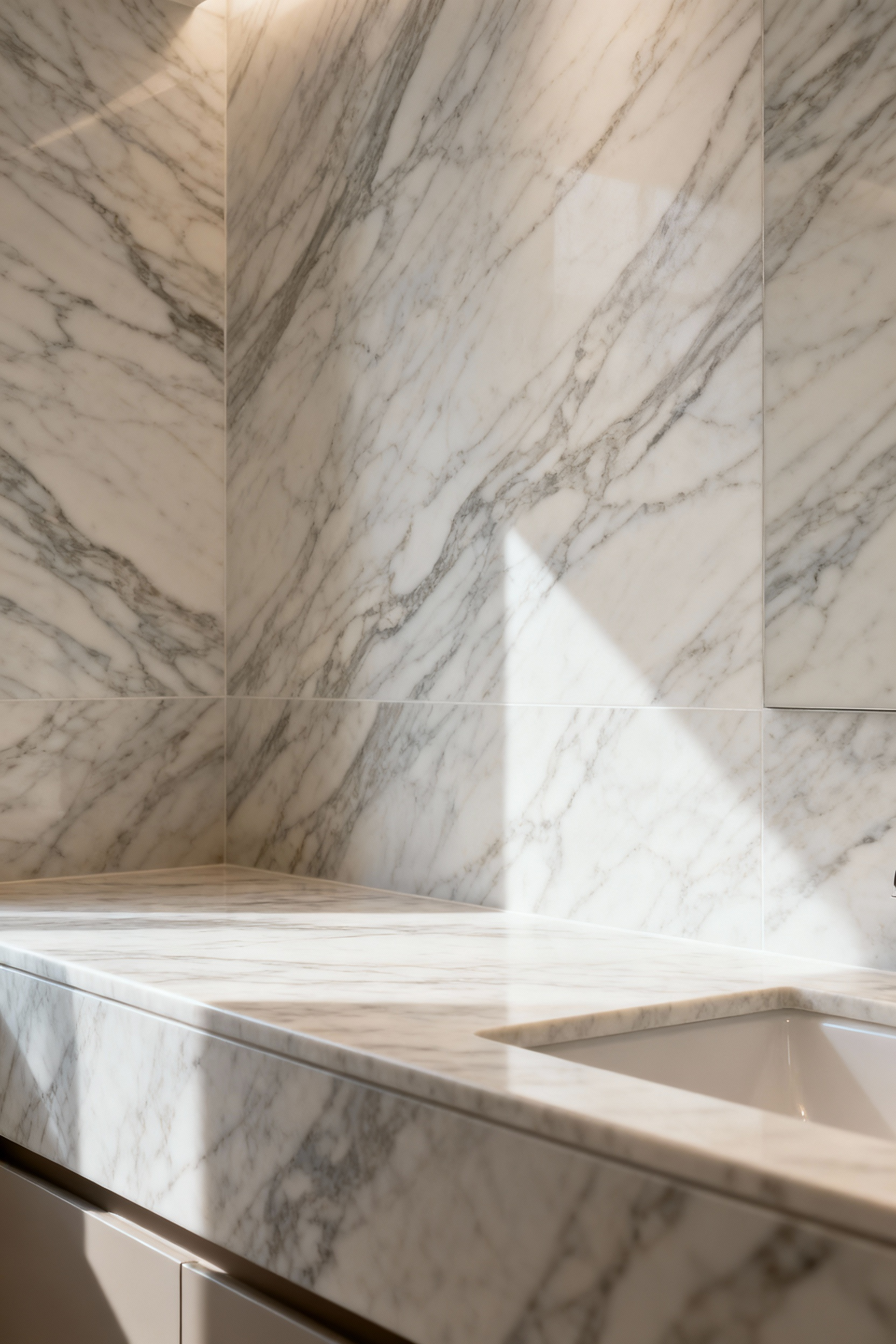 A luxurious small bathroom featuring continuous, vein-matched large-format natural stone slabs on walls and floor, creating a seamless and expansive aesthetic.