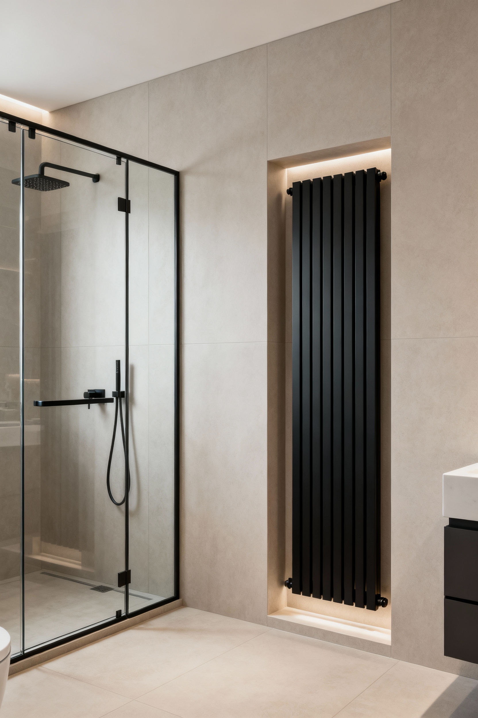 Vertical matte black slim-profile ladder radiator integrated into a recessed niche beside a glass walk-in shower in a minimalist luxury small bathroom.