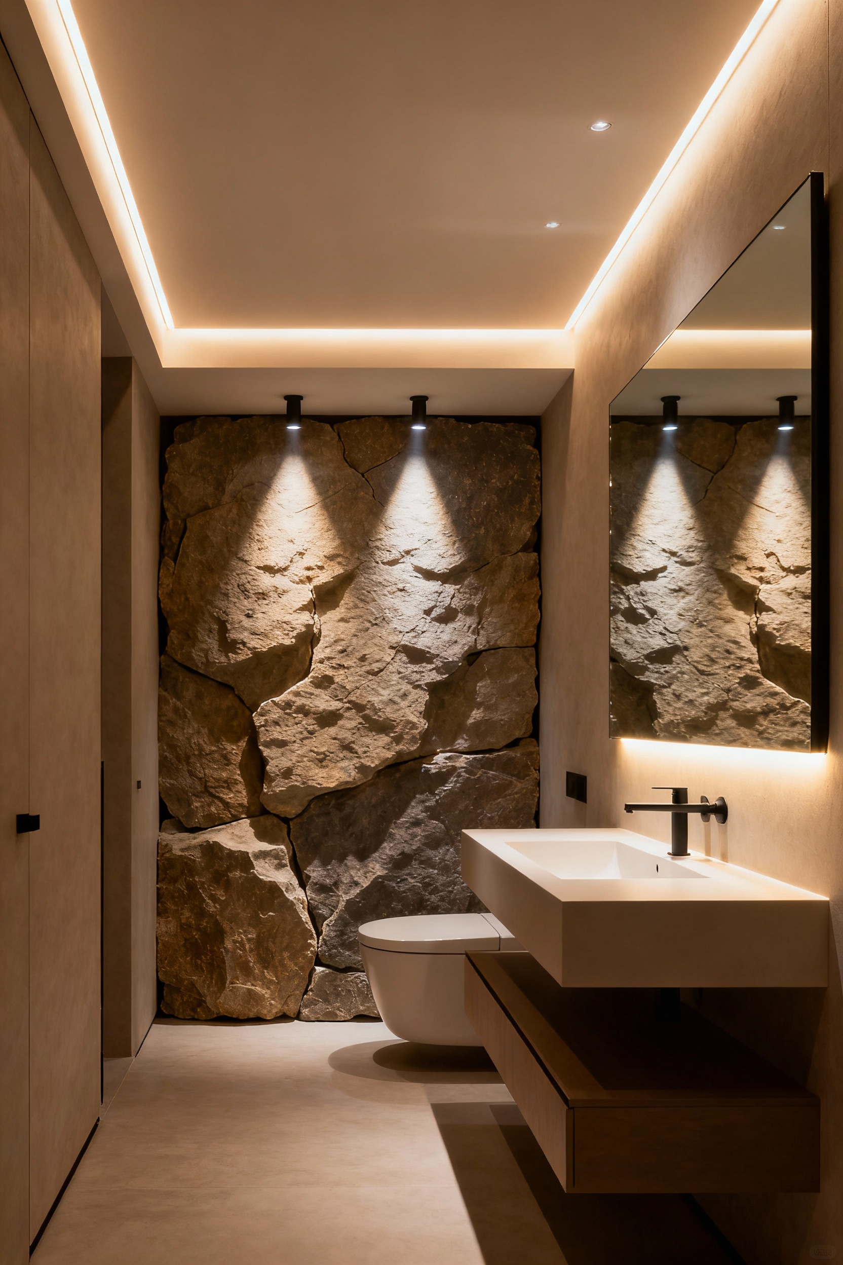 A luxurious small bathroom showcasing stratified illumination with LED cove lighting, an illuminated mirror, and spotlights on a natural stone wall, creating depth and a serene ambiance.