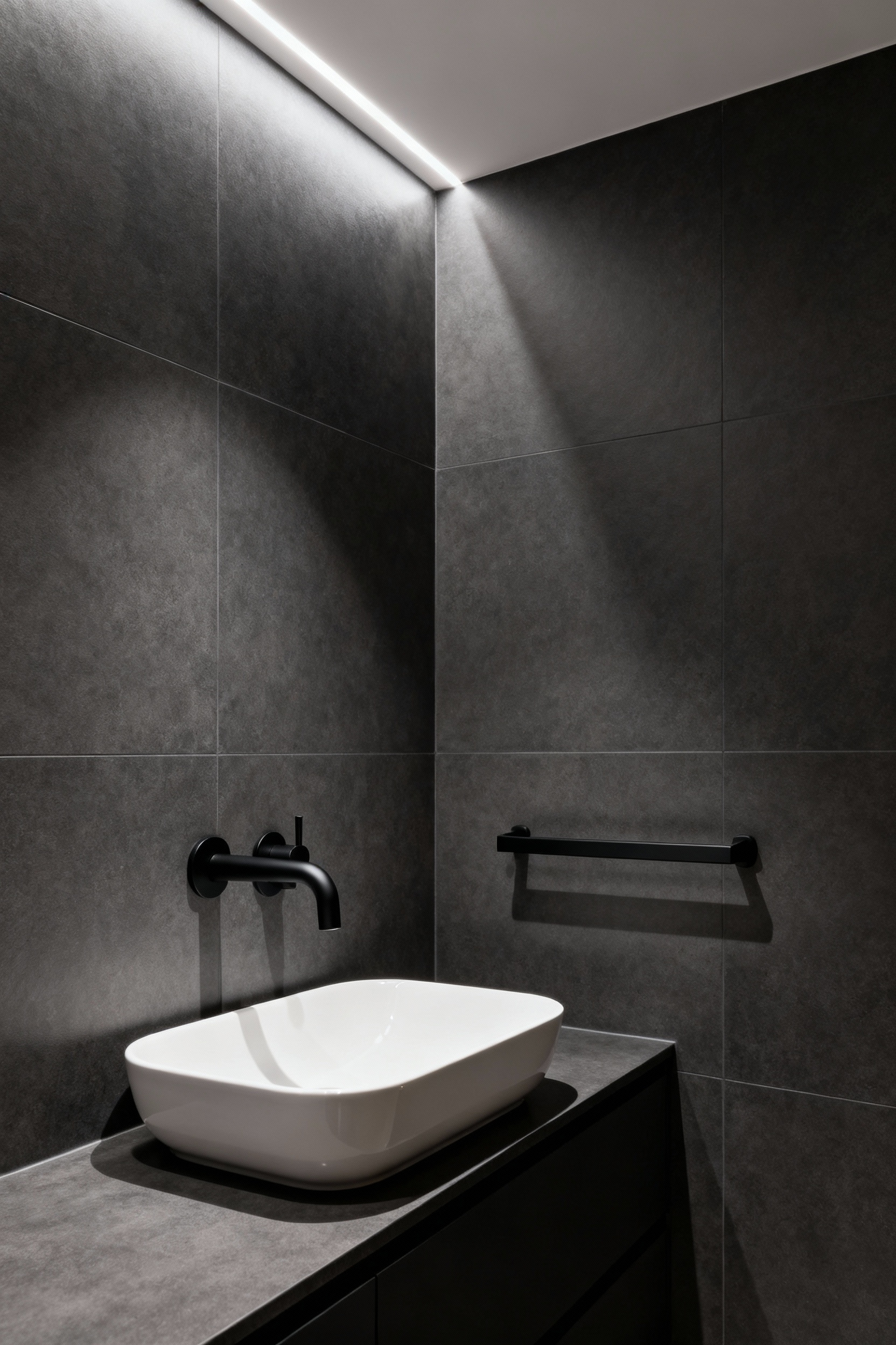 Small bathroom with matte black faucet and towel bar, elegant minimalist design, large format dark grey porcelain tiles, luxurious bathroom fixtures.