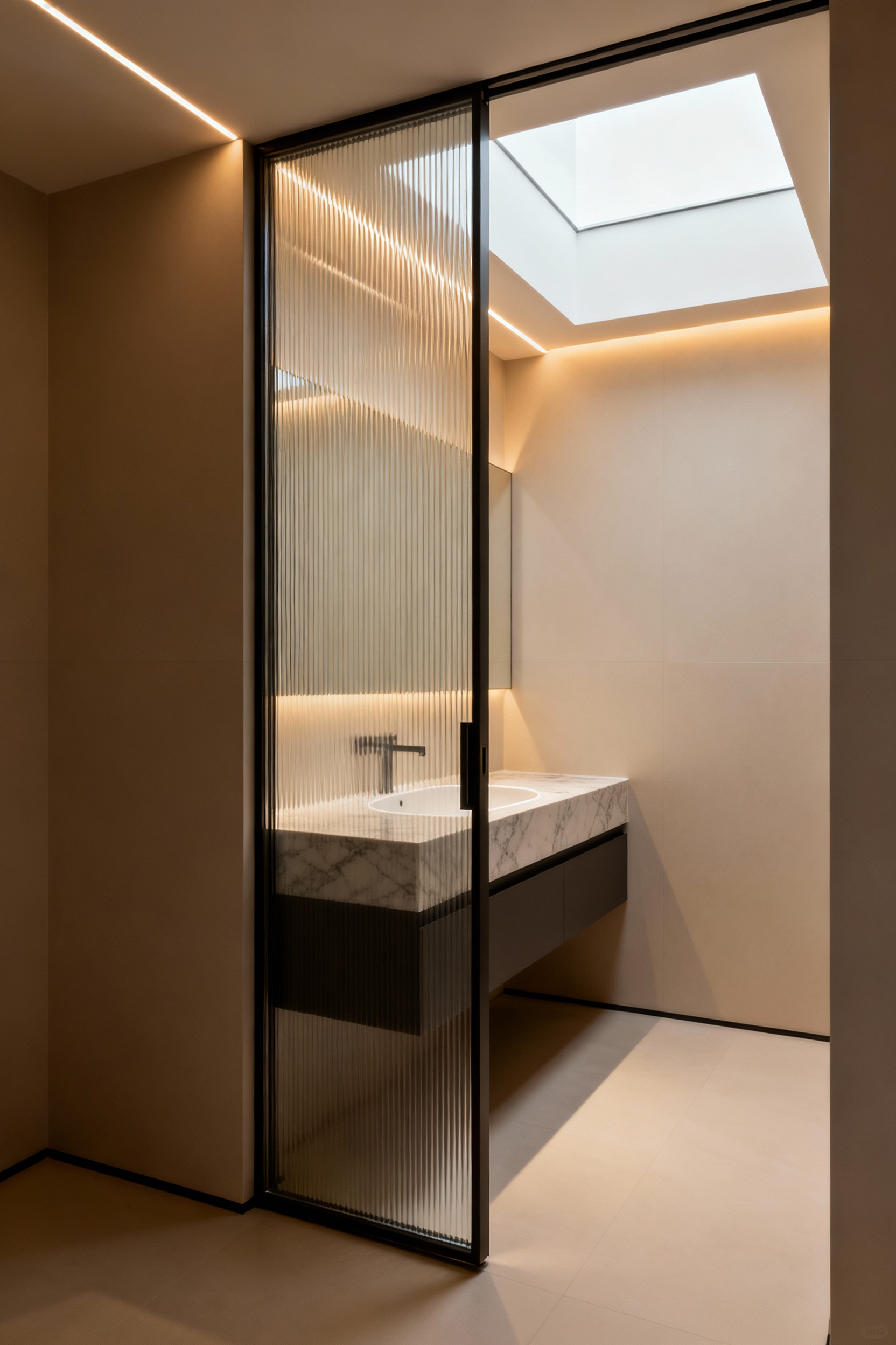 Luxurious small bathroom featuring a seamless fluted privacy glass pocket door, revealing an open, serene space, with a modern floating vanity and marble finishes.