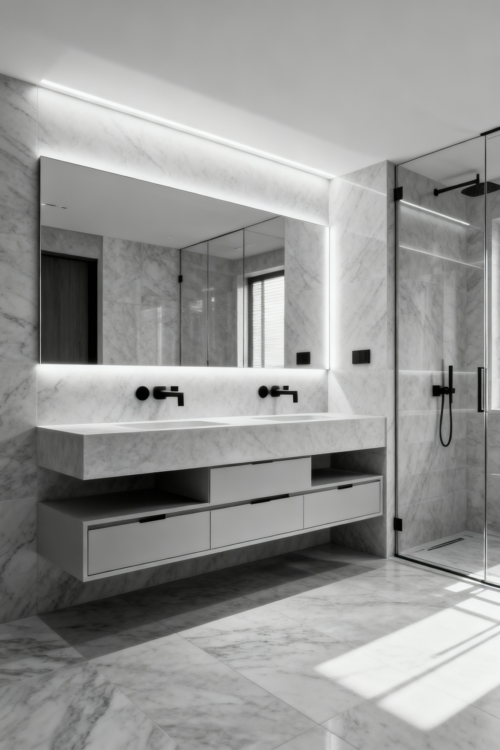 Luxurious small bathroom featuring a 'less but better' design. Shows seamless marble, a floating vanity, and a large backlit mirror enhancing visual space and tranquility.