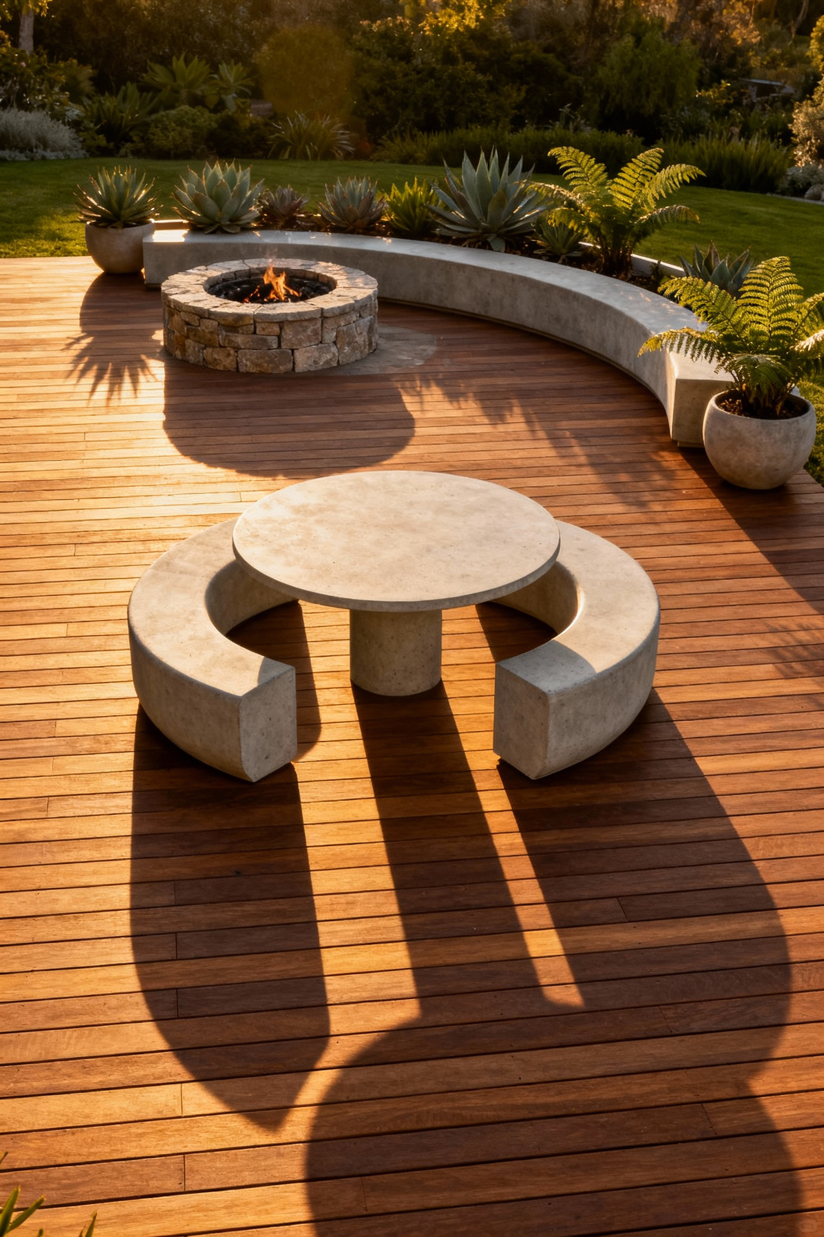 A round concrete dining table and curved seating area centered on a deck of parallel mahogany wooden planks, illustrating how circular furniture softens a linear decking grid under warm golden hour light.