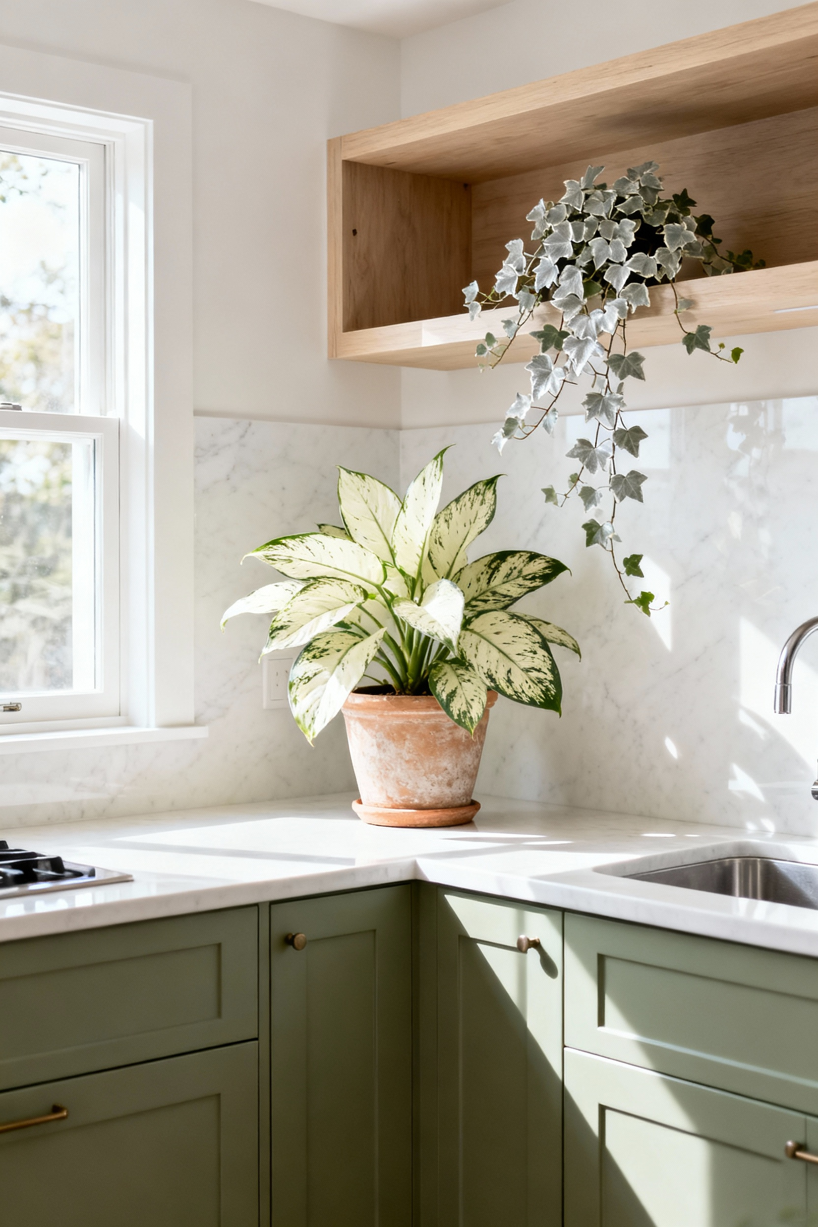 A modern kitchen featuring sage green cabinets, white quartz countertops, and strategically placed variegated plants like Chinese Evergreen and Silver-Leaf Ivy to create strong, crisp visual contrast.