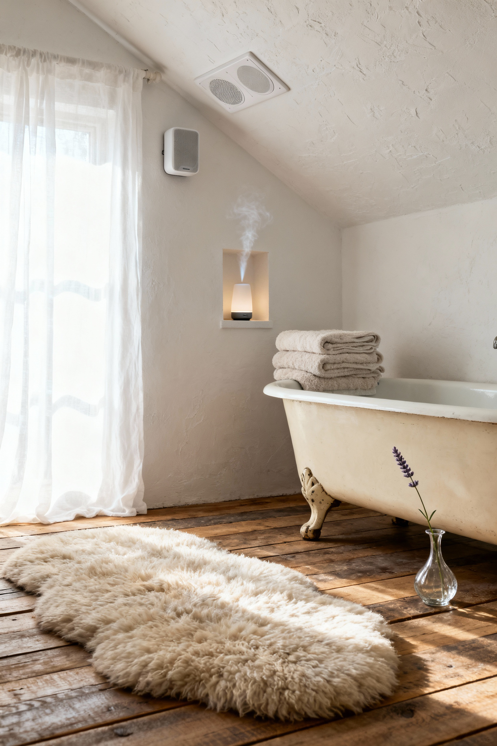 A serene farmhouse bathroom interior featuring a vintage clawfoot tub, plush wool rug, and subtle, integrated design elements for ambient scent and soundscapes, enhancing sensory immersion.
