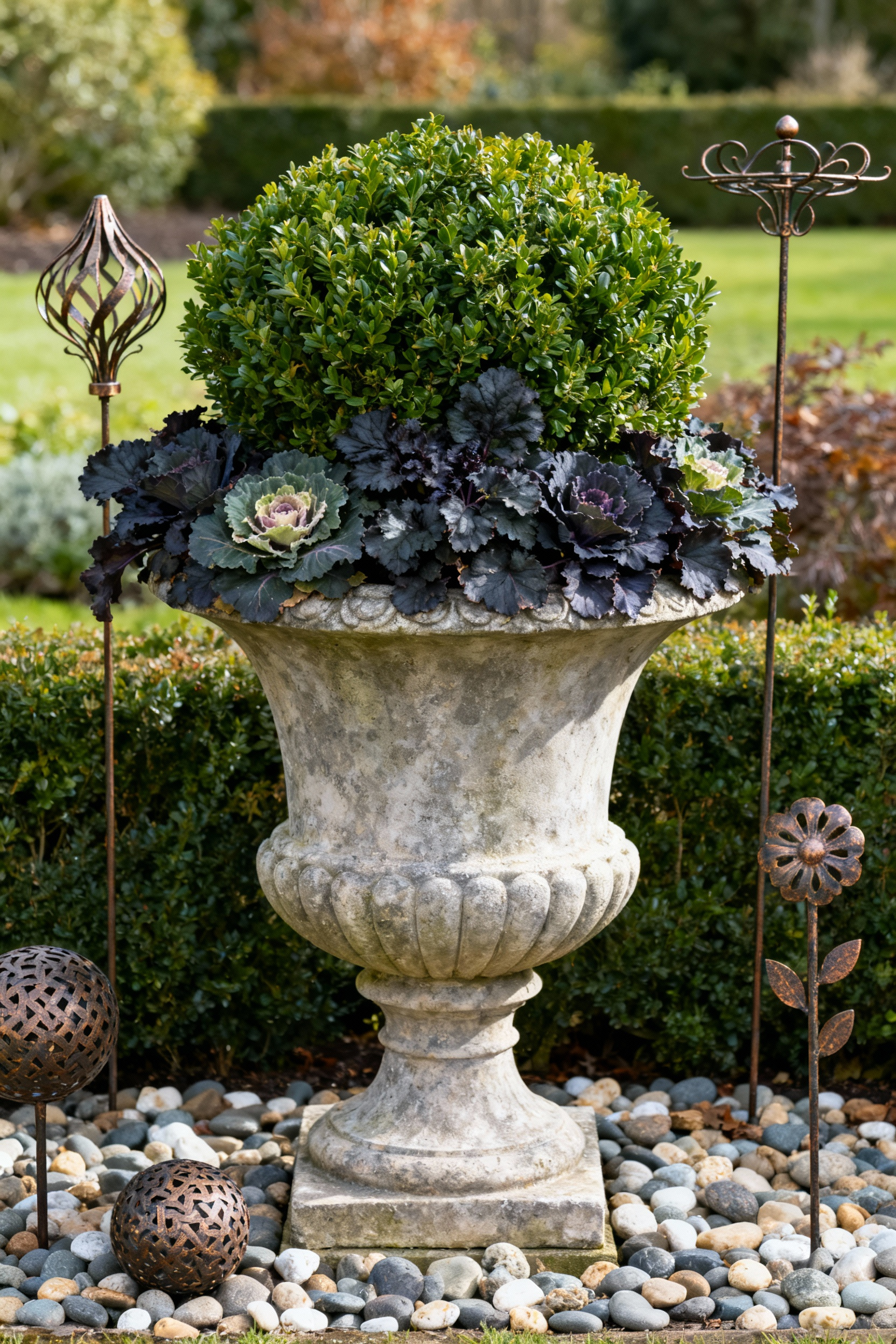 A professionally styled front yard entrance showcasing an elegant, ornate planter filled with adaptable greenery, symbolizing seasonal rotations and continuous visual engagement, under soft daylight.