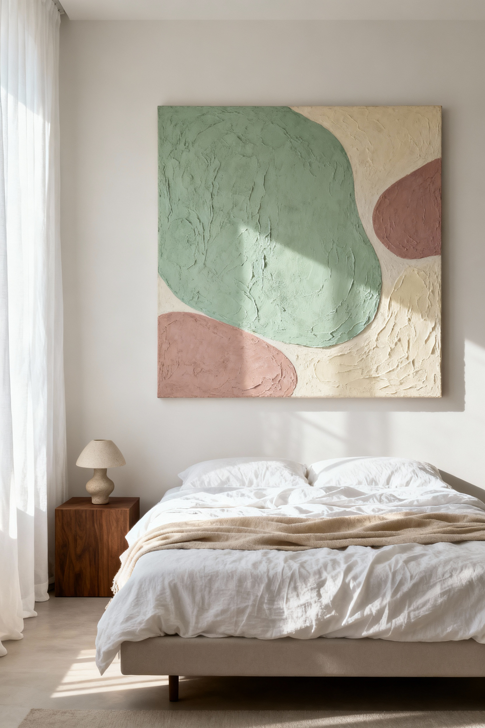 A serene, high-end bedroom scene showing a large, textured abstract painting above the bed that serves as the room's emotional anchor piece.
