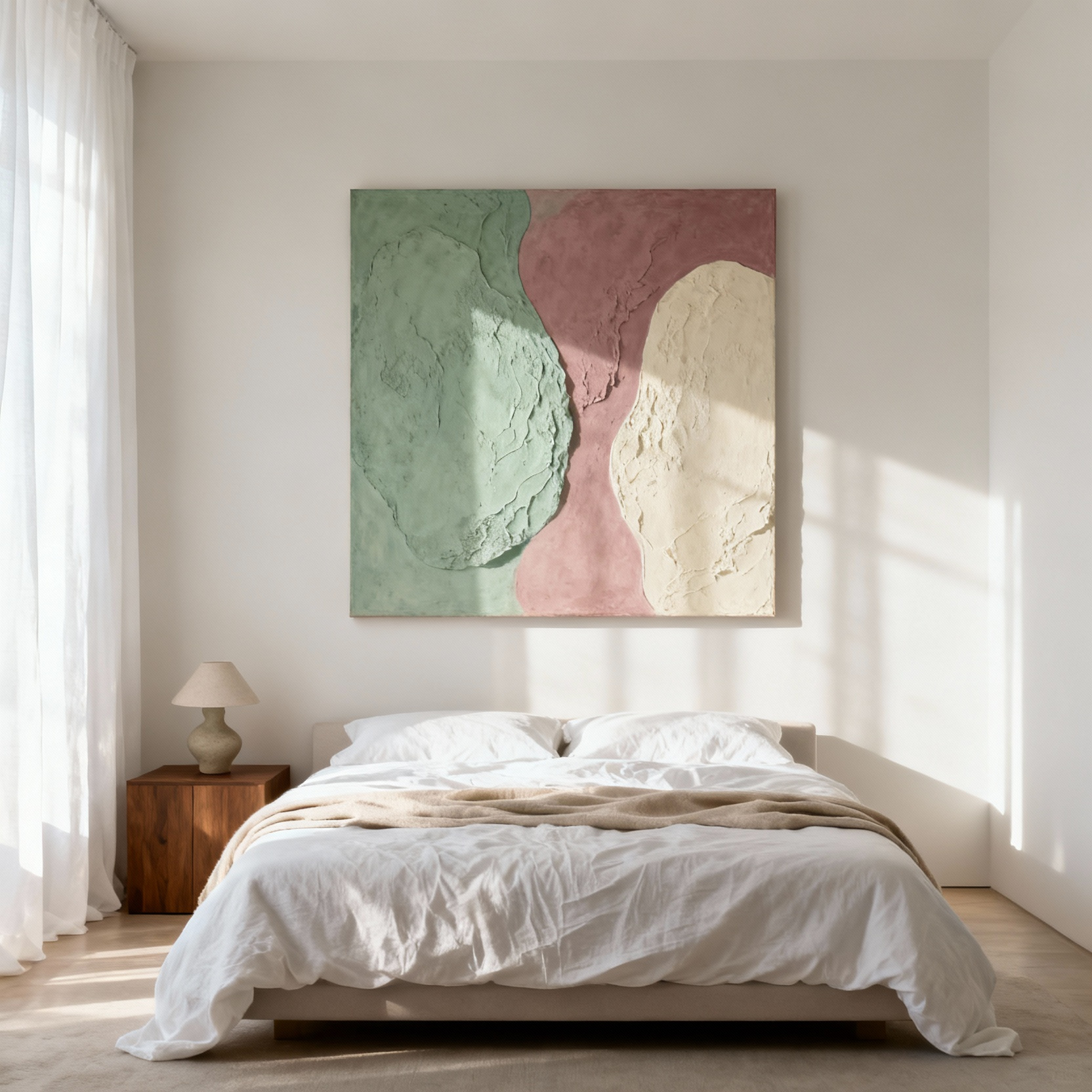 A serene, high-end bedroom scene showing a large, textured abstract painting above the bed that serves as the room's emotional anchor piece.