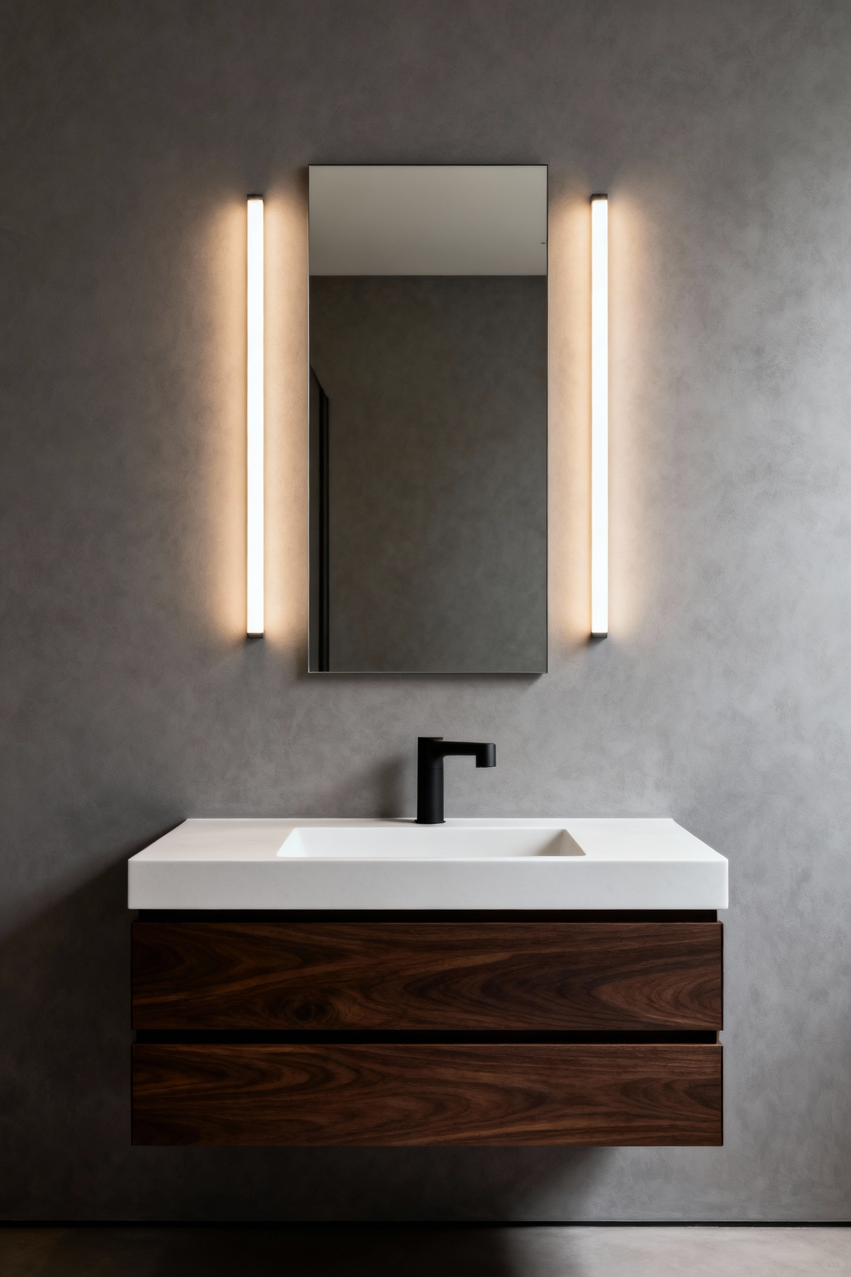 A modern bathroom vanity featuring a large rectangular mirror flanked by integrated vertical LED strips and soft perimeter backlighting, demonstrating shadowless bi-lateral illumination over a floating dark wood countertop.