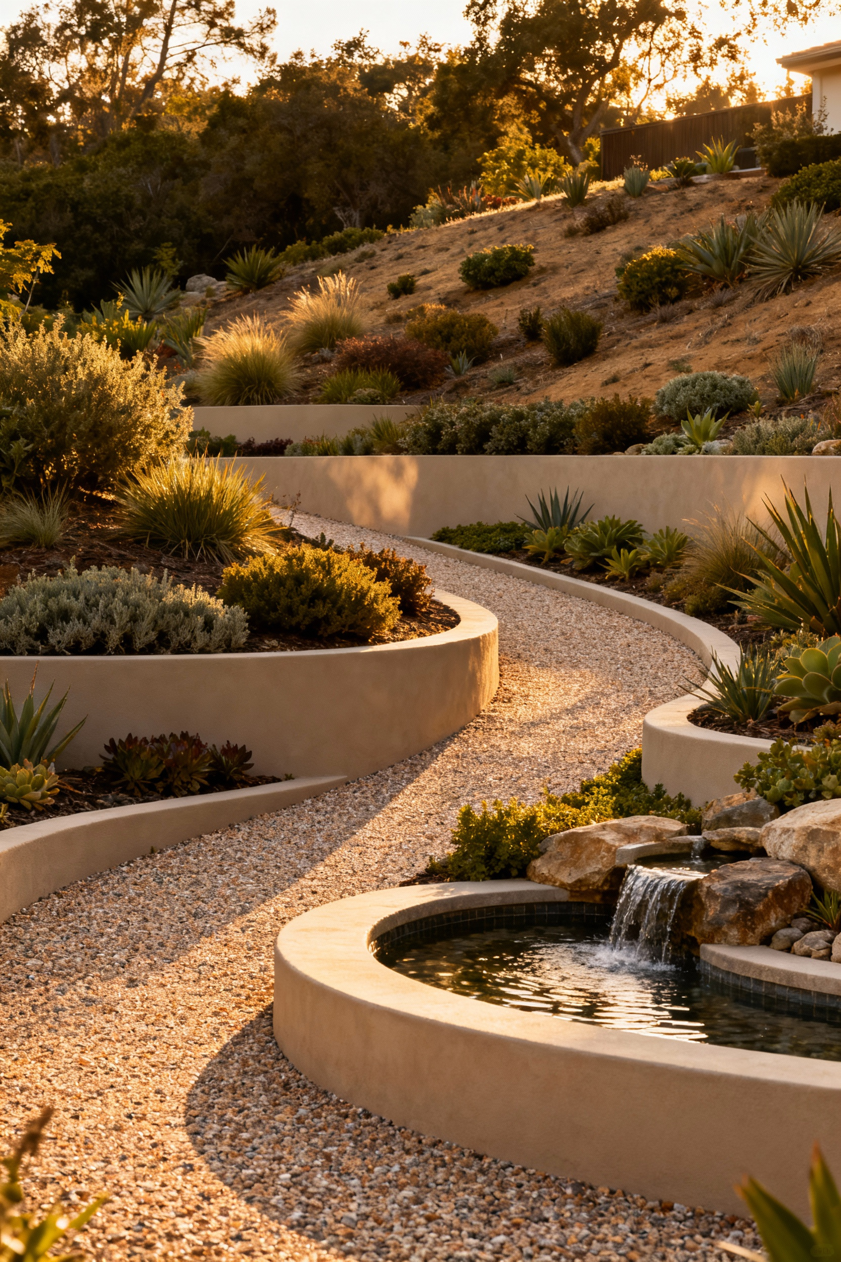 Professional photo of a multi-tiered front yard landscape that leverages natural site topography. The design includes varied drought-tolerant plantings, a winding pathway, and an integrated water feature, showcasing thoughtful planning and elegant front yard decor. Illustrates auditing site topography for inherent design opportunities.