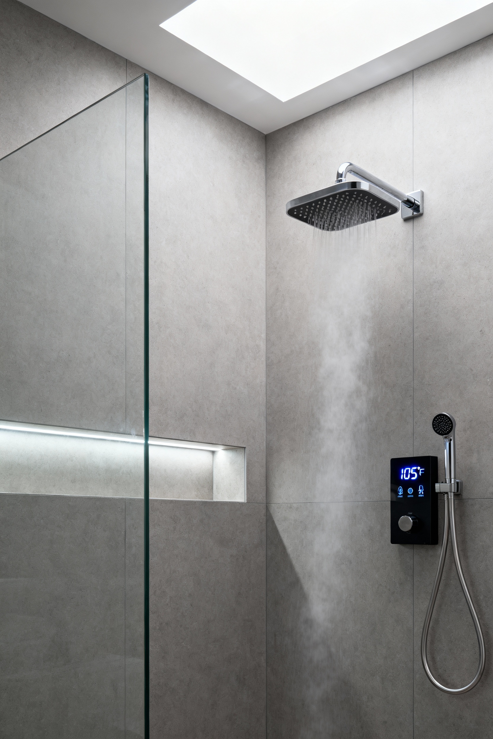 A minimalist modern walk-in shower featuring large gray tiles and a prominent illuminated digital smart shower controller integrated into the wall.
