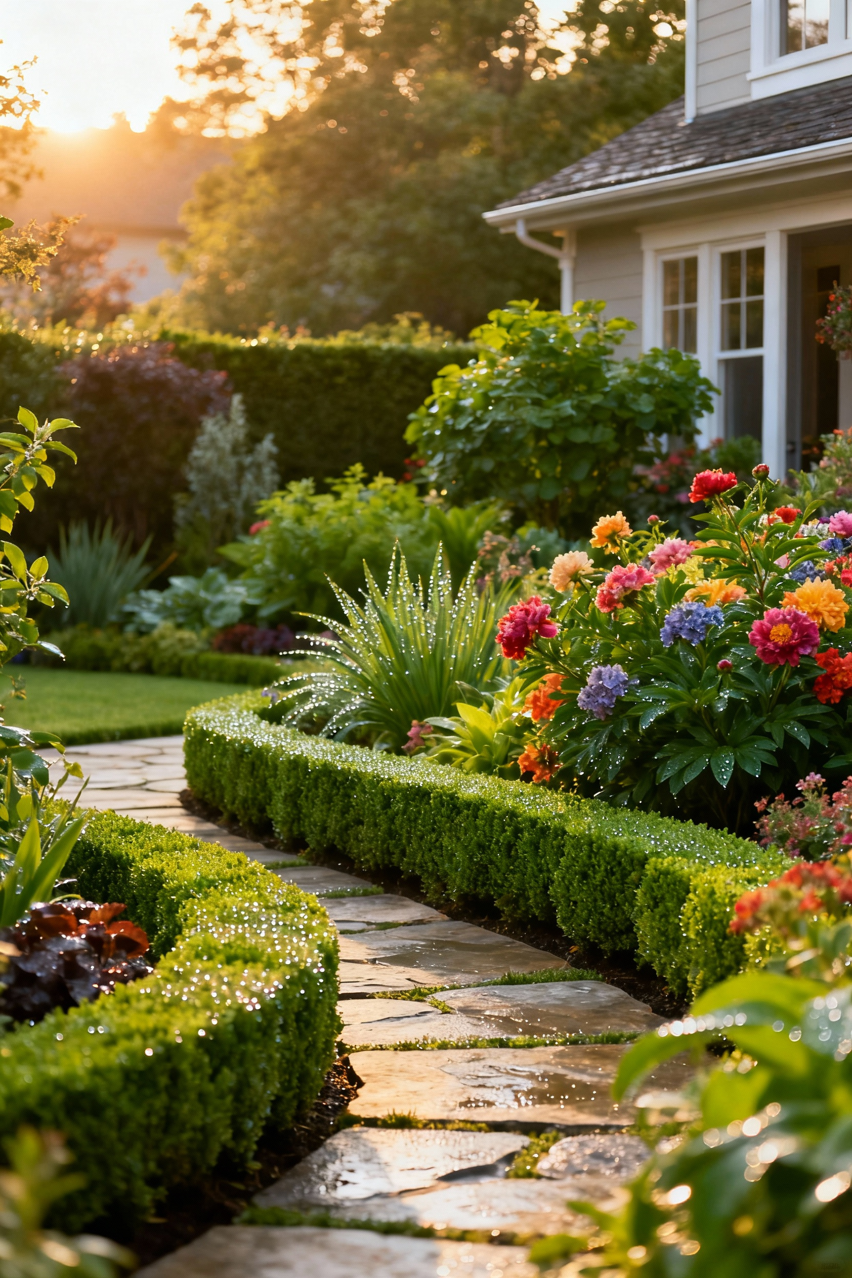 A vibrant, lush front yard garden with perfectly hydrated plants, showcasing enduring beauty and sophisticated landscaping achieved through integrated smart irrigation systems.