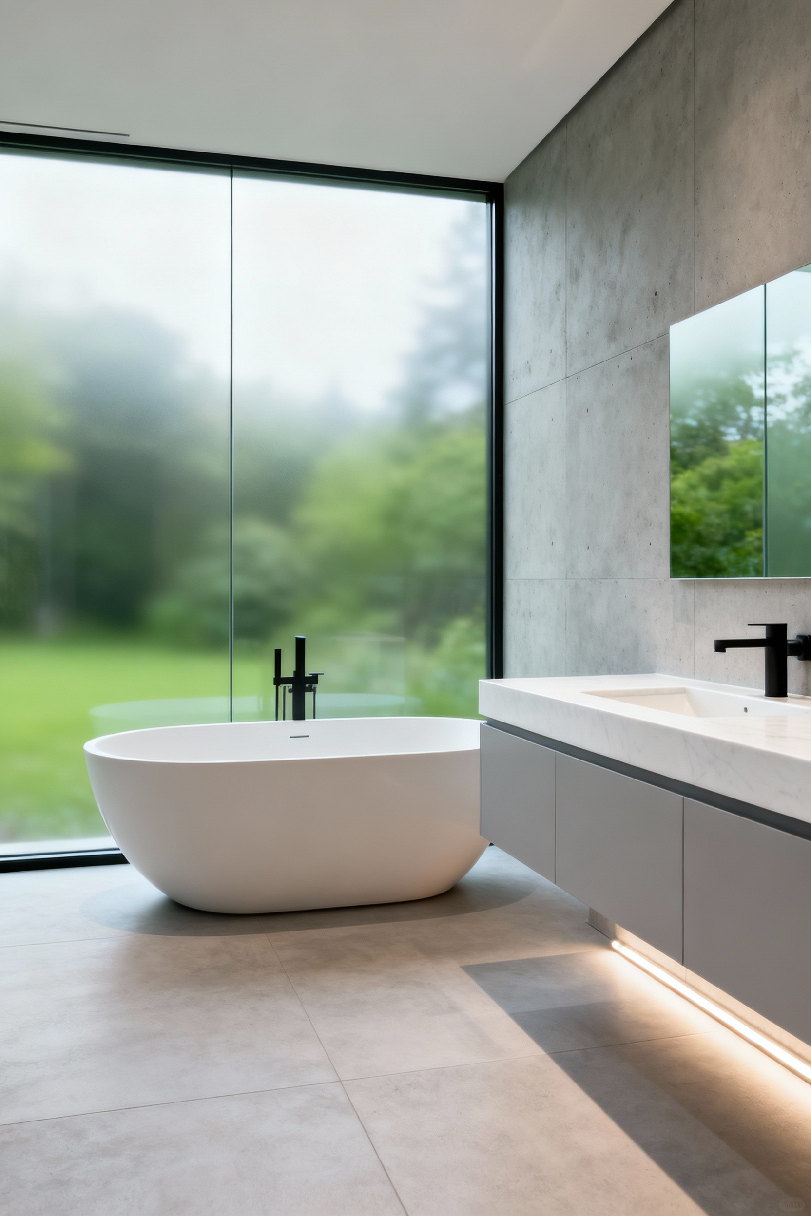 A large, minimalist modern bathroom featuring a white freestanding tub positioned in front of a seamless exterior window utilizing switchable smart glass technology, replacing traditional blinds.