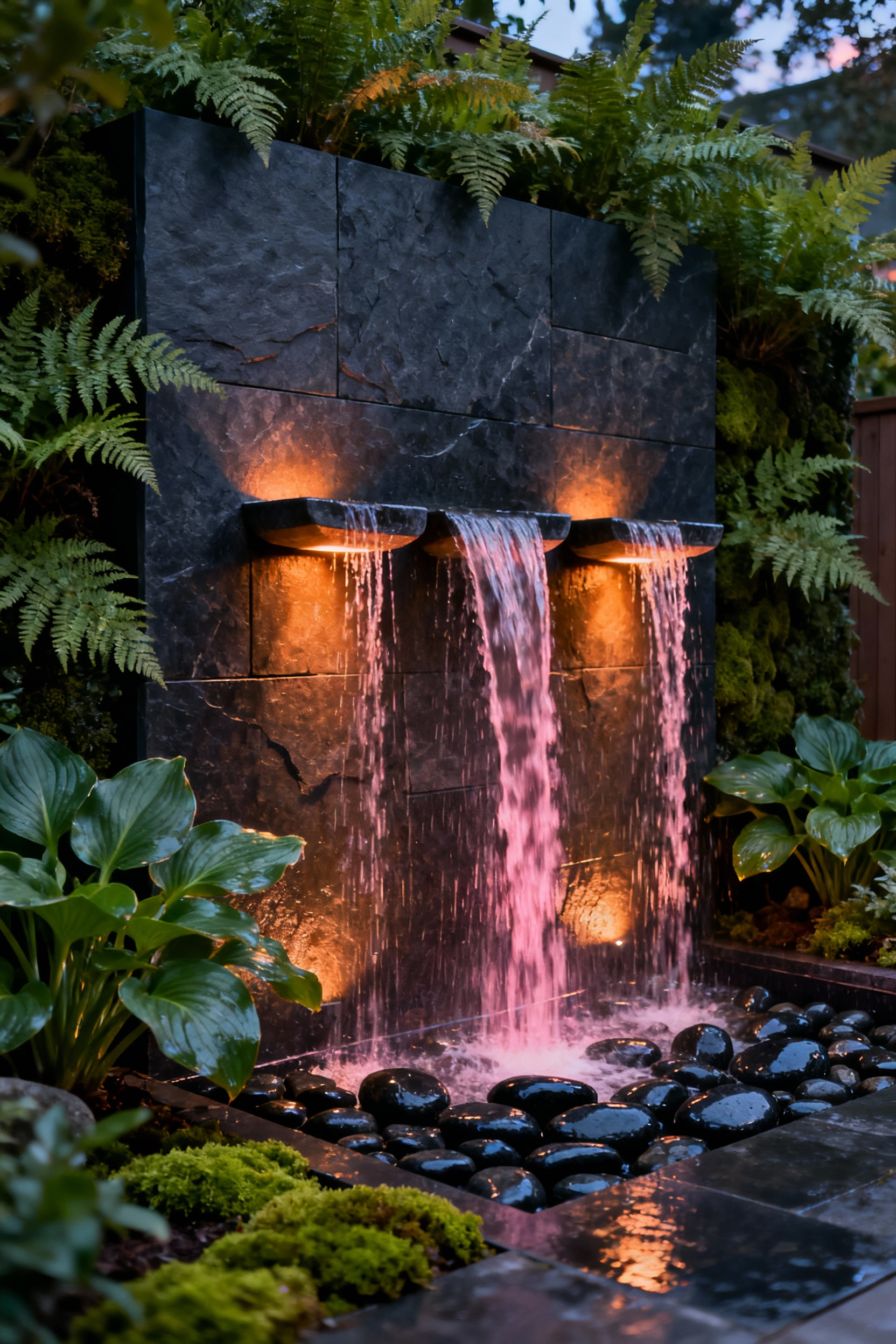 A contemporary slate wall fountain in a lush backyard setting at twilight, engineered for pink noise soundscaping and tranquility.