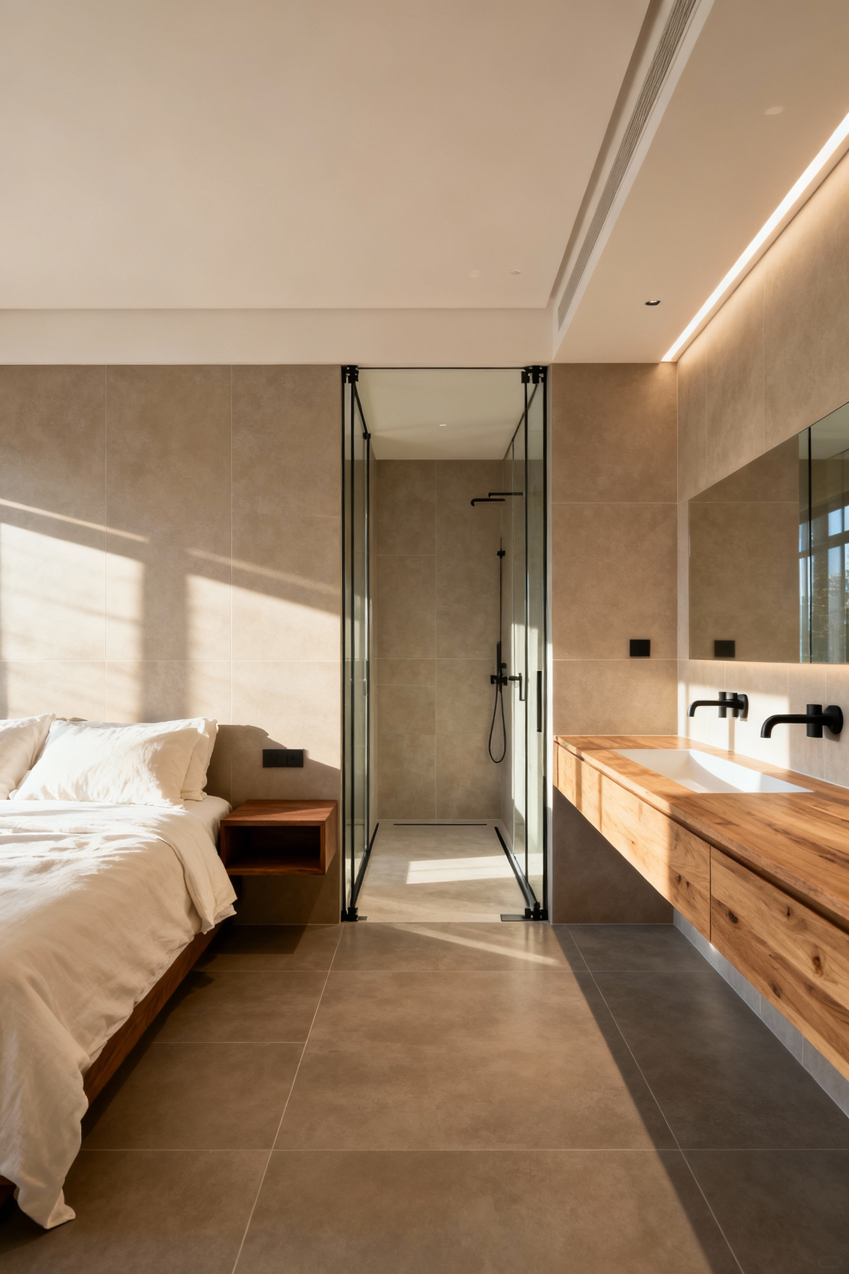 Luxurious, modern master suite featuring a seamless, spa-inspired transition with continuous earth-toned flooring, a curbless walk-in shower, and trackless glass partitions connecting the bedroom and en suite.