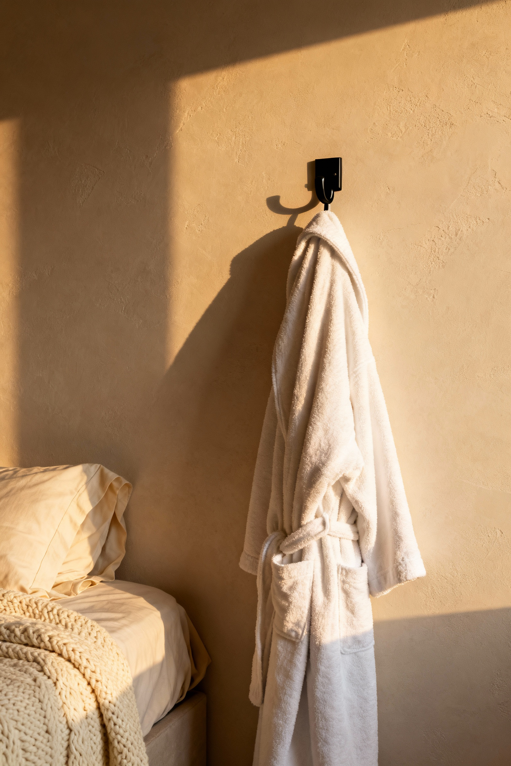 A plush white spa robe hanging on a modern matte black wall hook in a sunlit, cozy bedroom dressing area, symbolizing the psychological transition to relaxation.
