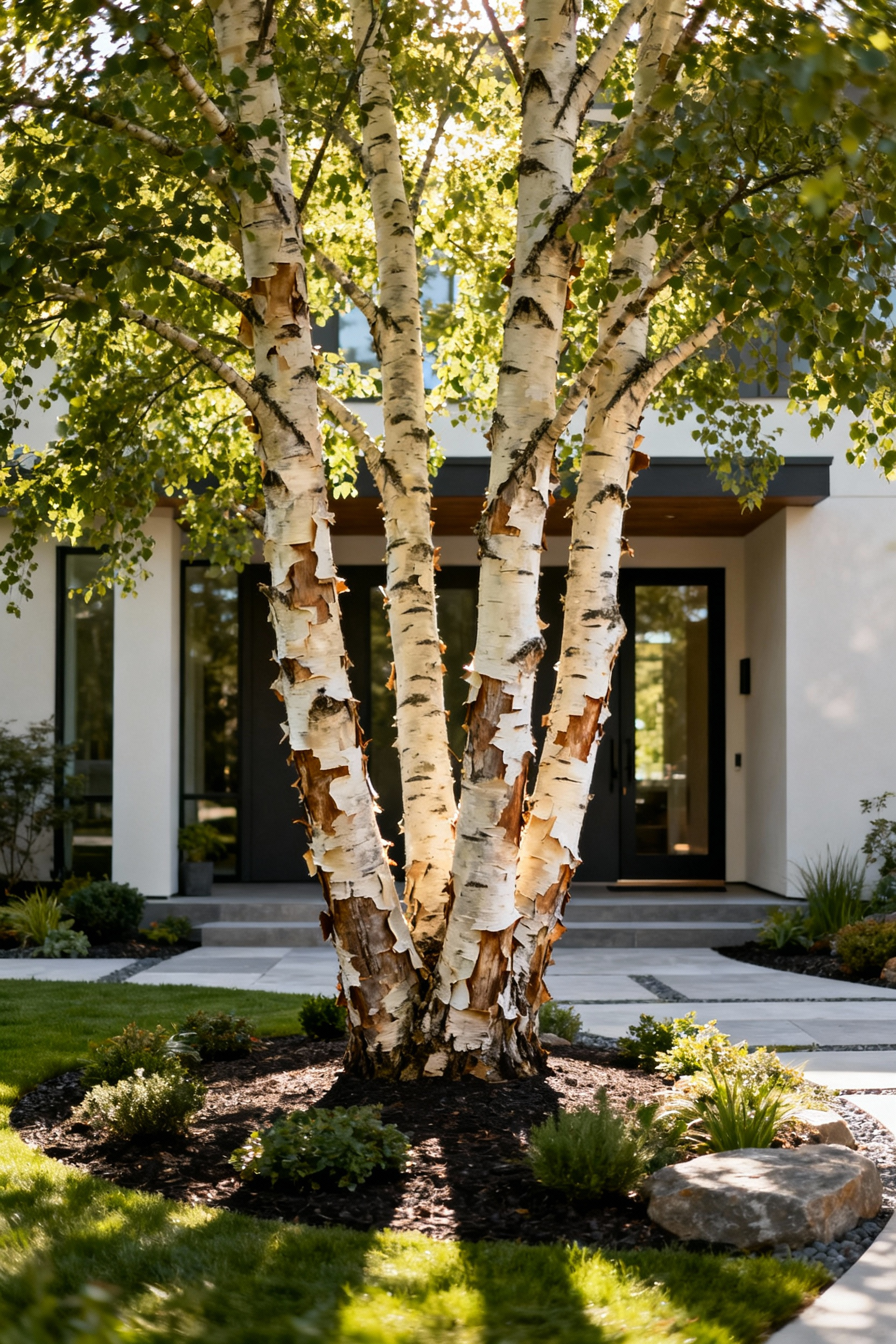 A commanding, multi-stemmed River Birch tree with distinctive exfoliating bark serves as a sculptural focal point in a modern, sophisticated front yard landscape, illustrating intentional design with specimen botanicals.