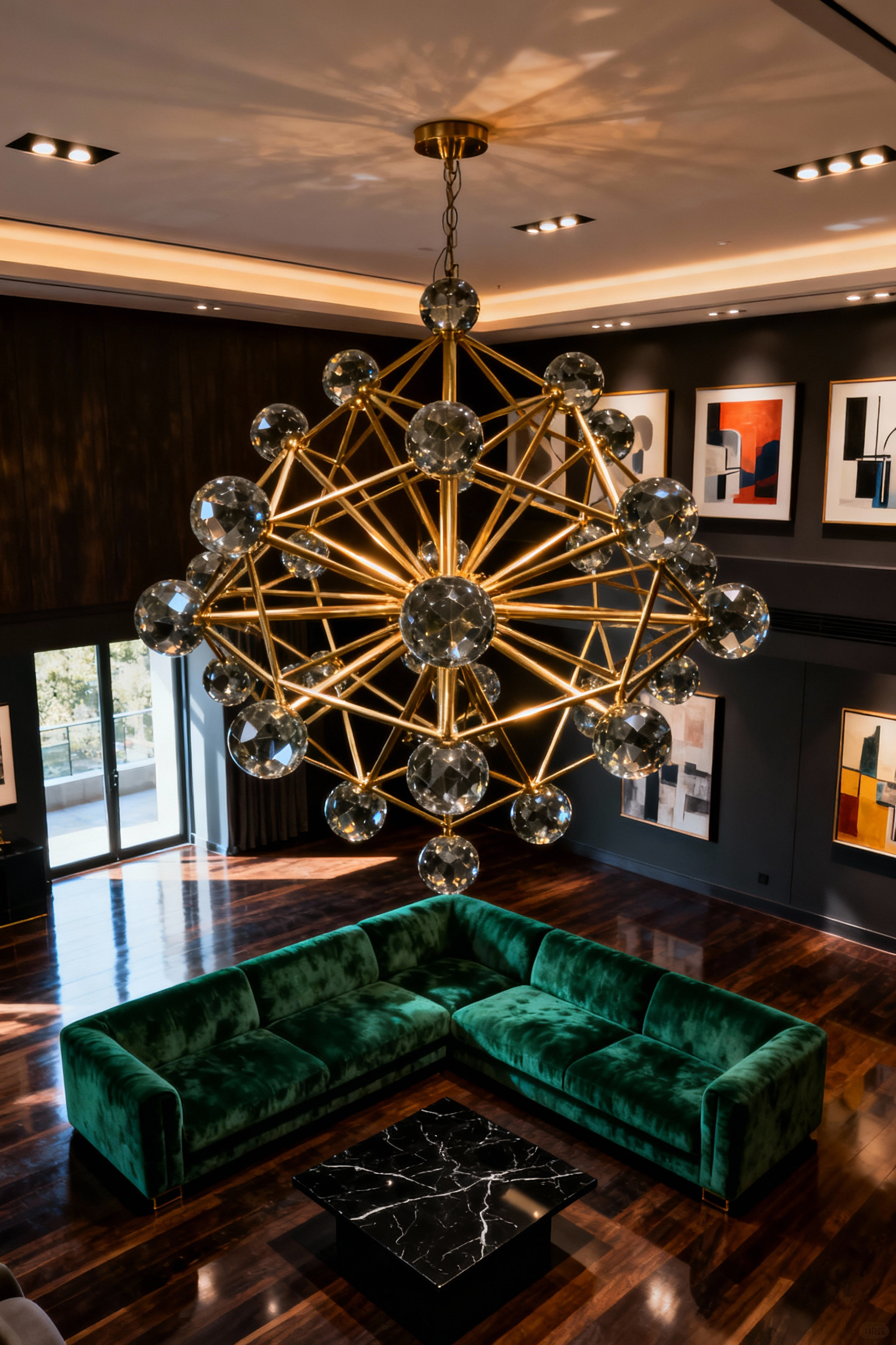 A luxurious modern living room anchored by a large, sculptural brass and smoky crystal chandelier hanging above an emerald green velvet sofa, illustrating lighting treated as statement jewelry.