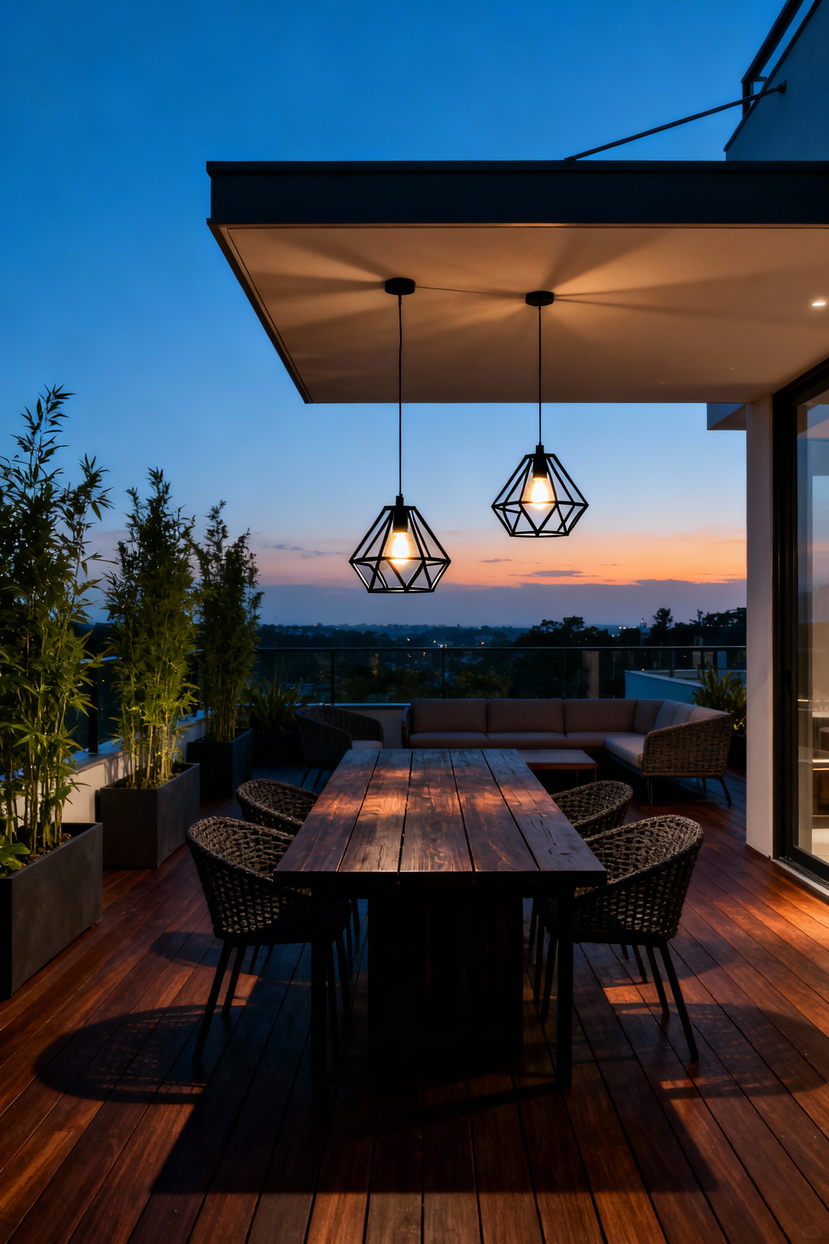 Statement industrial pendant lights illuminating a high-end teak outdoor dining table on a contemporary wooden deck at twilight, showcasing luxurious decking decor.