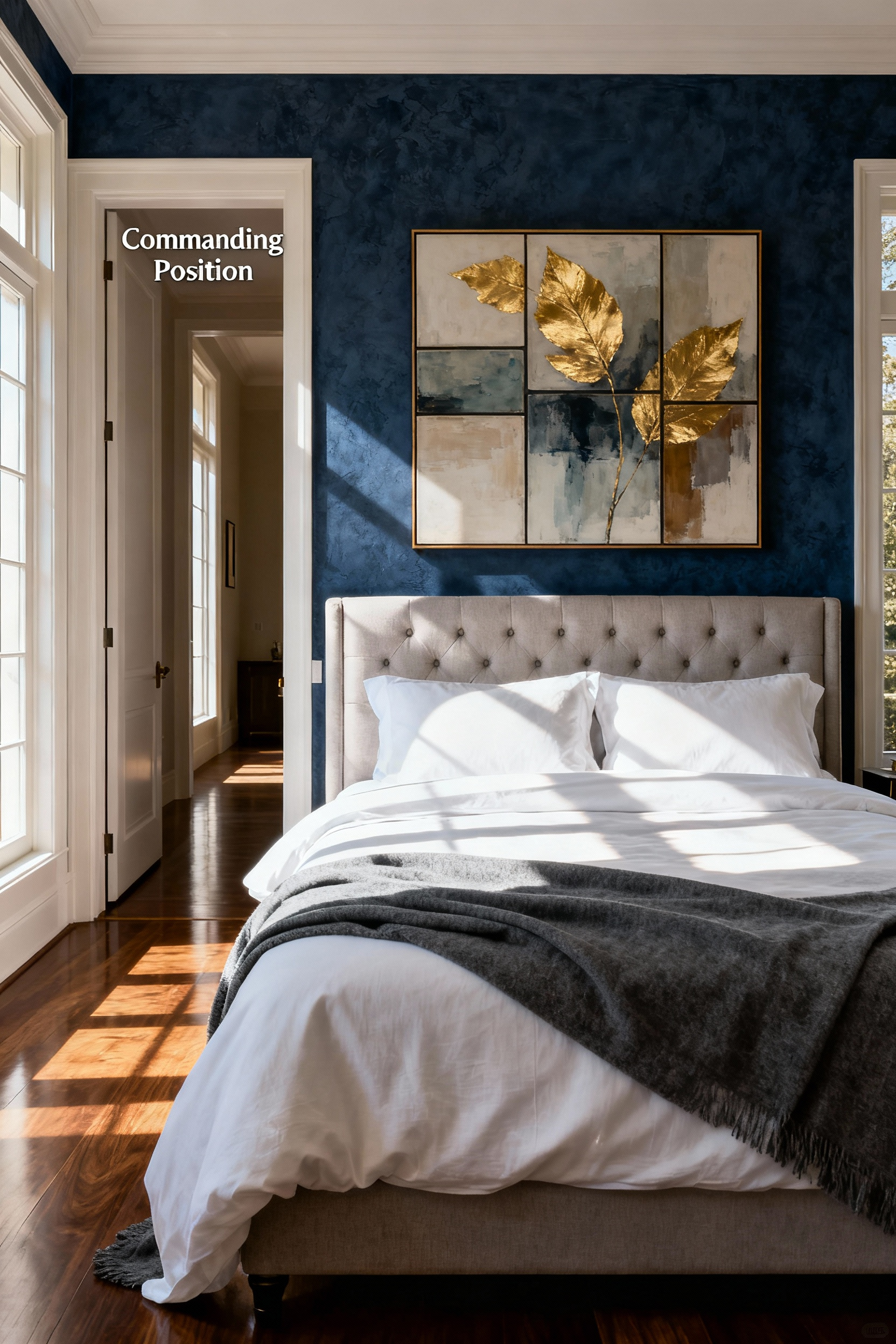 A photograph of a luxury bedroom where the king bed is anchored against an indigo accent wall beneath large abstract art, strategically positioned to face the entrance door, illustrating the optimal Commanding Position.