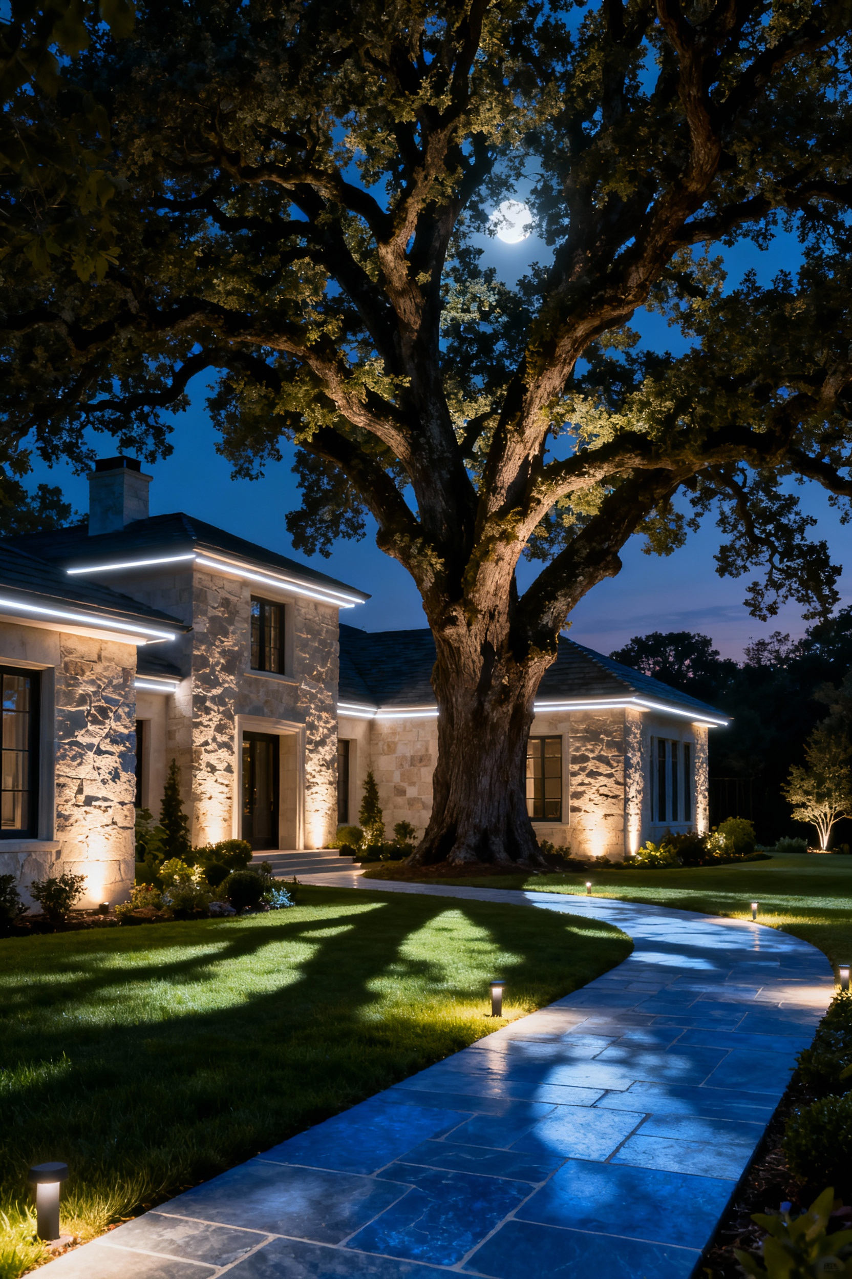 Elegant front yard at twilight with strategic luminosity, showing uplighted trees, path lights, and subtle architectural lighting defining the home's form.