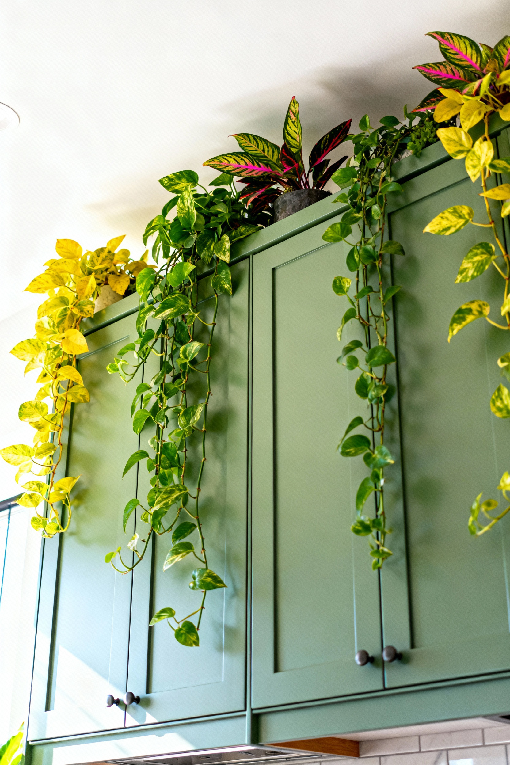 Detailed view of resilient Golden Pothos and trailing aroids cascading from the top of matte sage green kitchen cabinets, utilizing vertical space for a lush, air-purifying indoor jungle aesthetic.