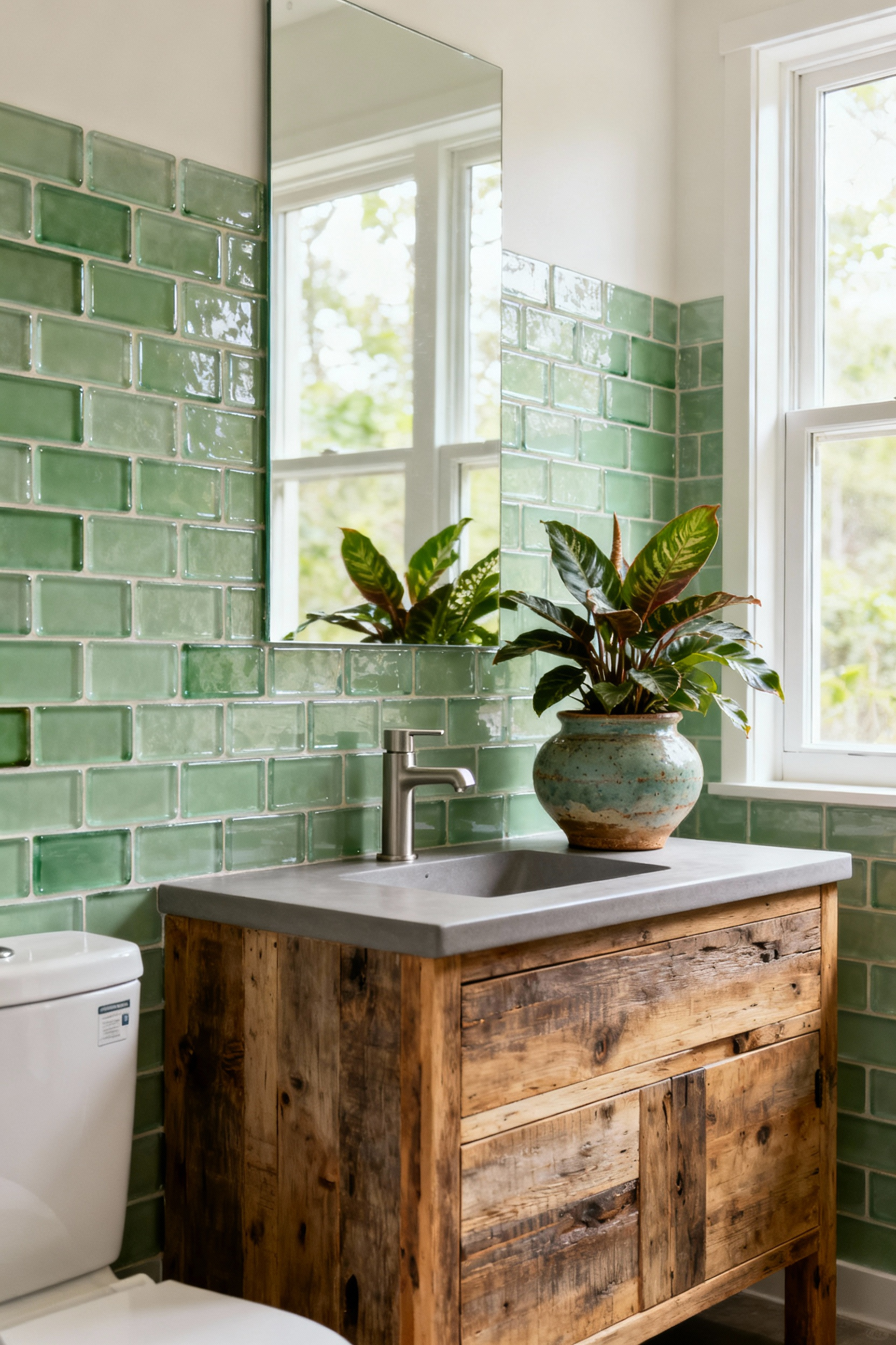 A serene farmhouse bathroom featuring sustainable design, a reclaimed wood vanity, low-flow fixtures, green recycled glass tiles, a live plant, and ample natural light, showcasing eco-conscious choices.