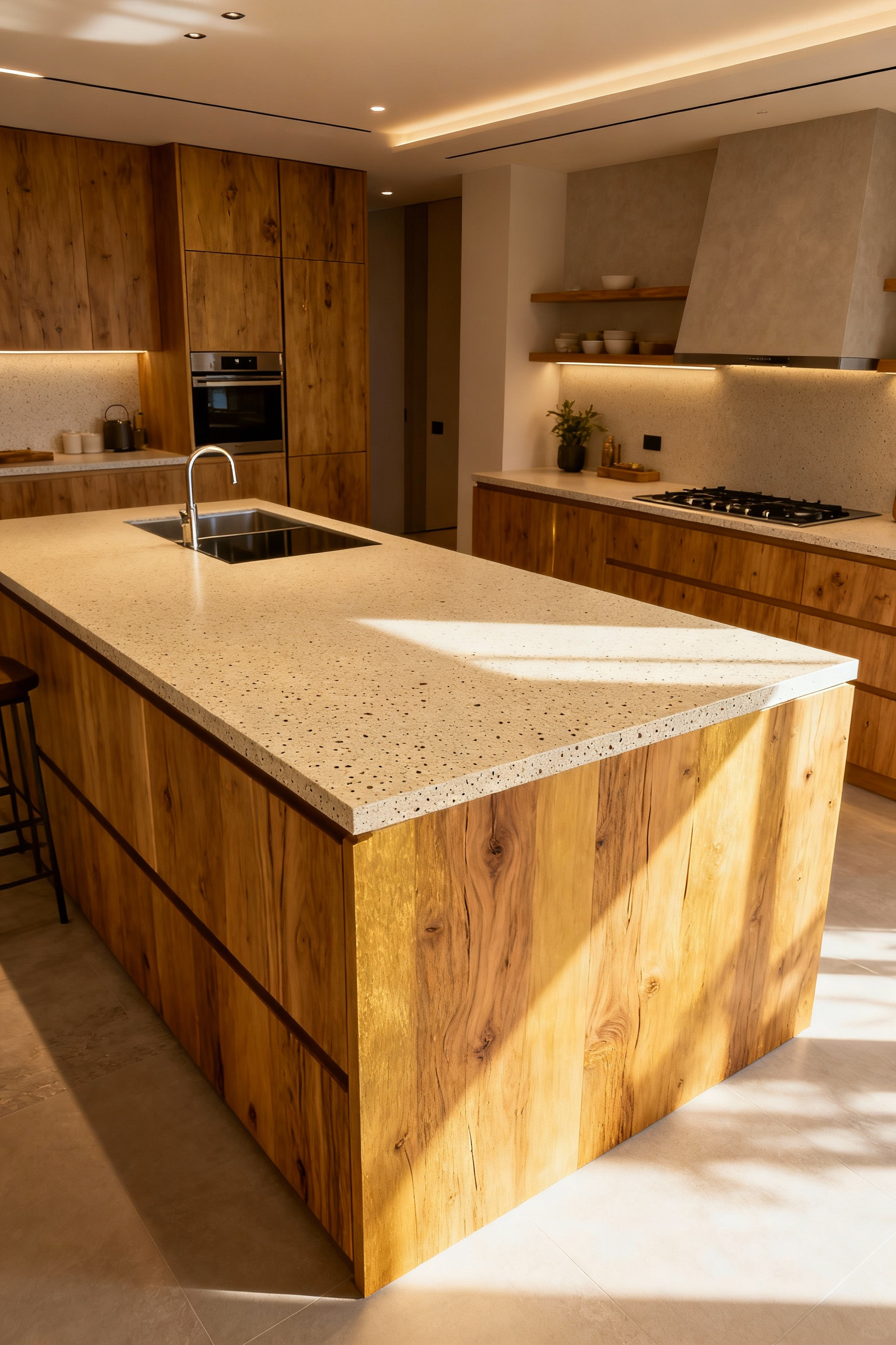 A modern kitchen island with an eco-conscious countertop made from recycled composite, highlighting sustainable and luxurious interior design.