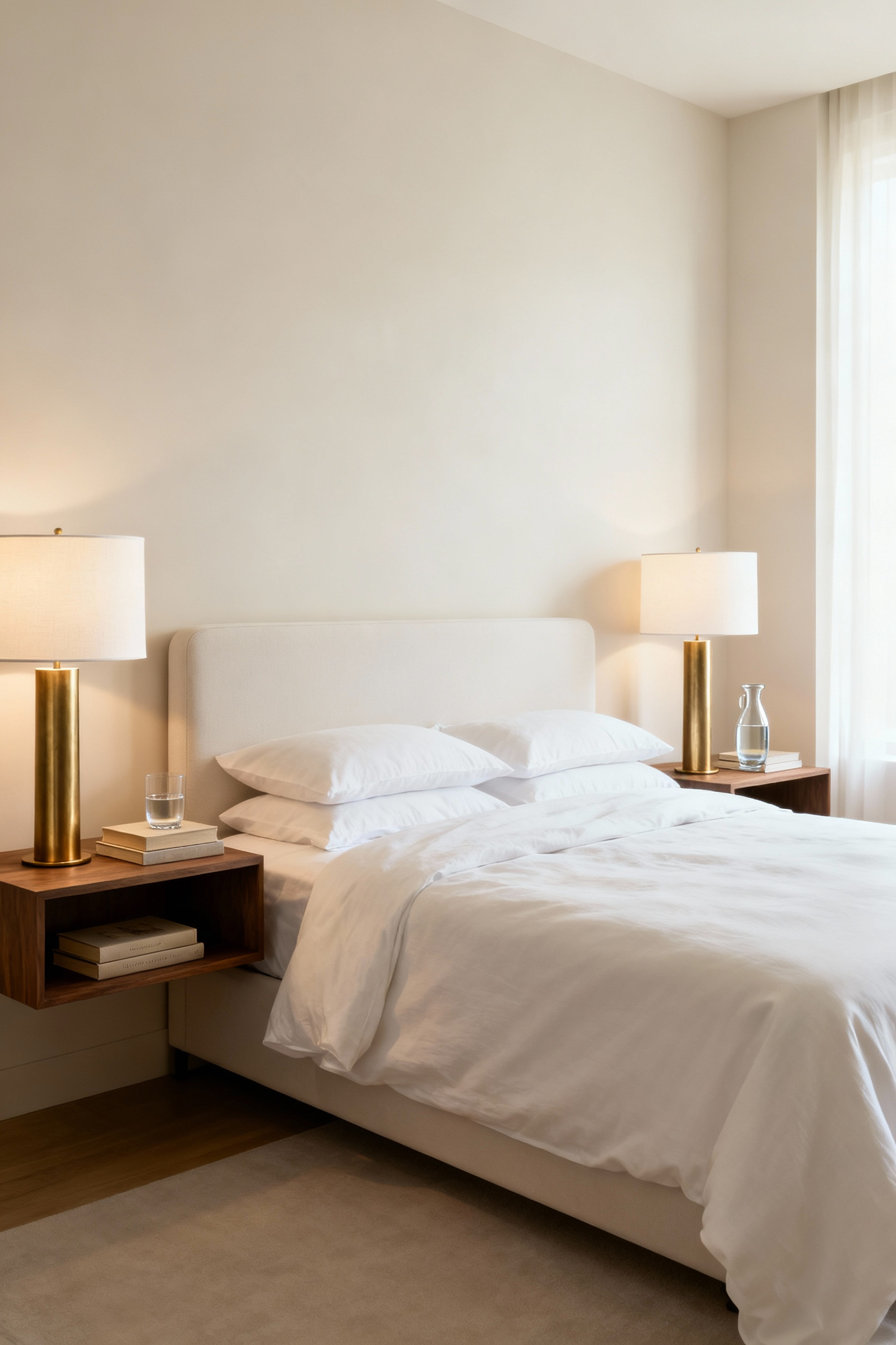 A centered, high-resolution photograph of a serene couples' bedroom featuring a king bed flanked by perfectly matched floating nightstands and symmetrical brass lamps, illustrating visual symmetry for calm and relaxation.