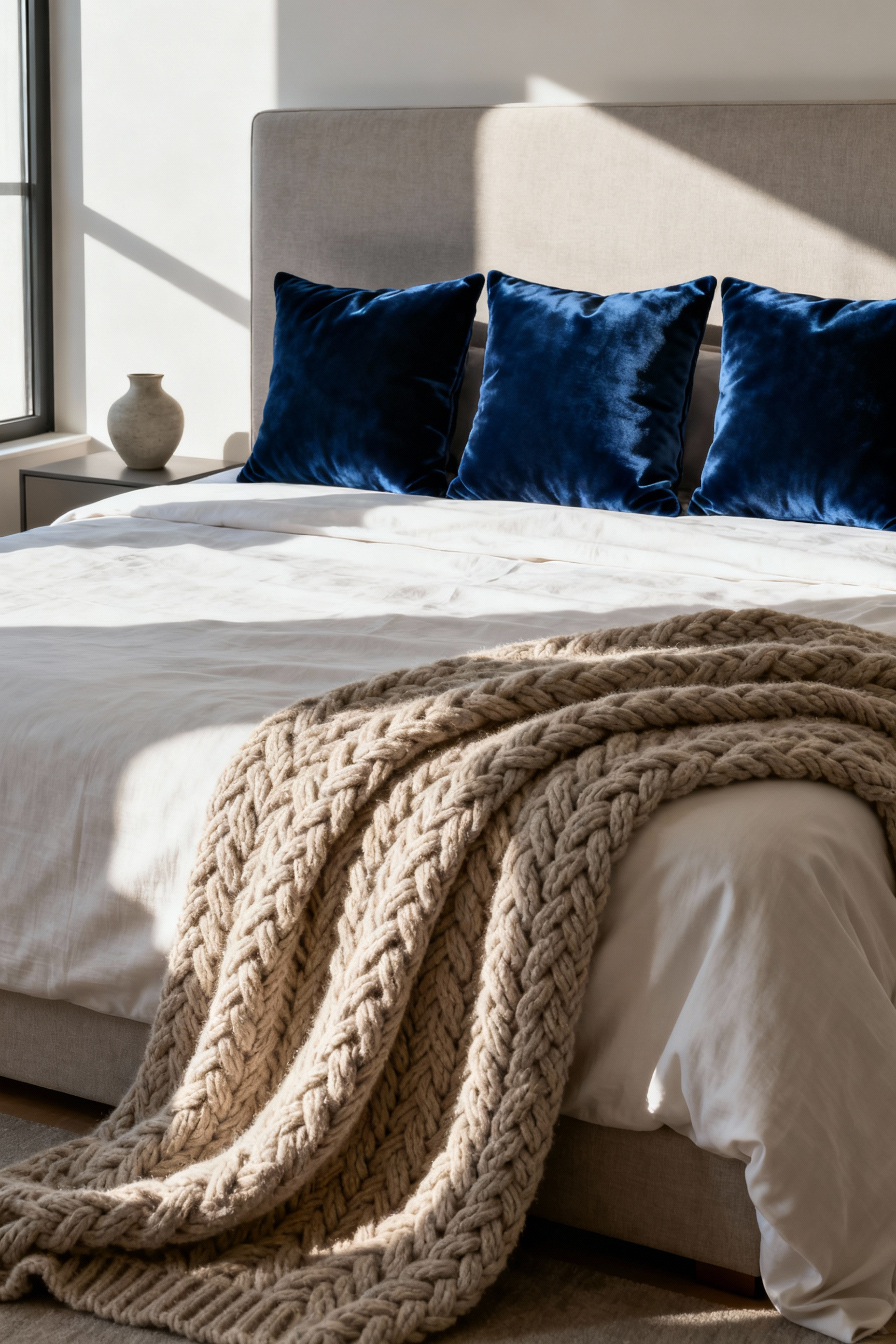 Luxurious bedroom featuring contrasting textures: a chunky oatmeal cable-knit wool throw layered against three deep sapphire velvet cushions on a king bed.