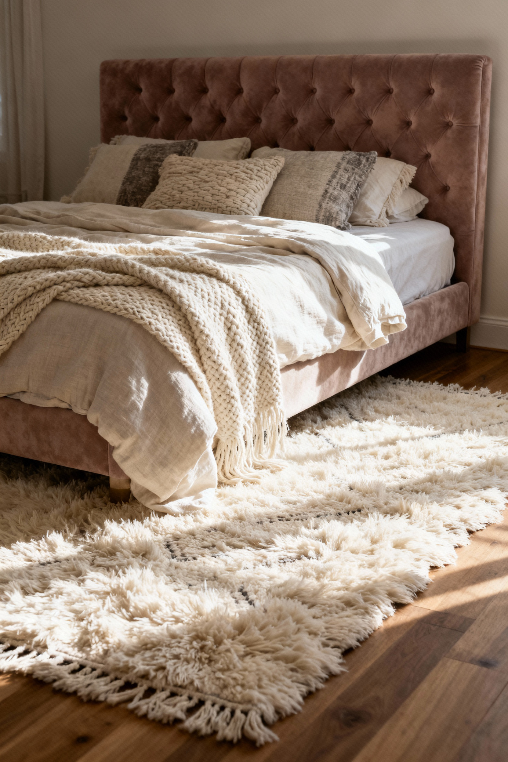 A photograph of a luxurious bedroom highlighting textural elements: a dusty taupe velvet headboard, layered cream bedding, and a thick, high-pile ivory wool shag rug on hardwood floor, lit by soft morning light.