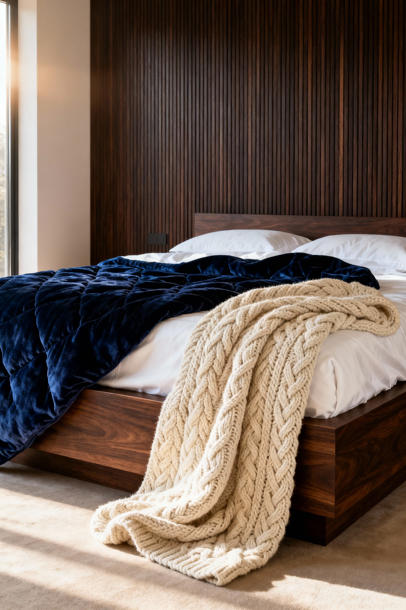 Luxurious bedroom featuring a dark walnut bed frame, layered tactile bedding including a heavy sapphire velvet quilt and chunky knit throw, and dark wood paneling, emphasizing comfort and earthy stability.