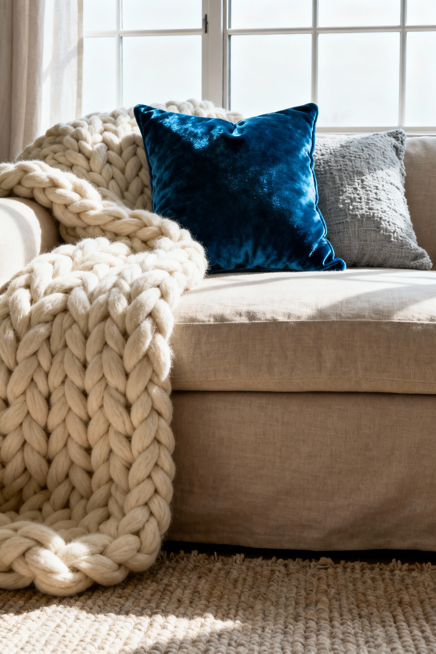 Luxurious living room corner showcasing high contrast textile layering, including smooth blue velvet pillows juxtaposed with a chunky cream wool knit throw and coarse linen upholstery on a substantial area rug.