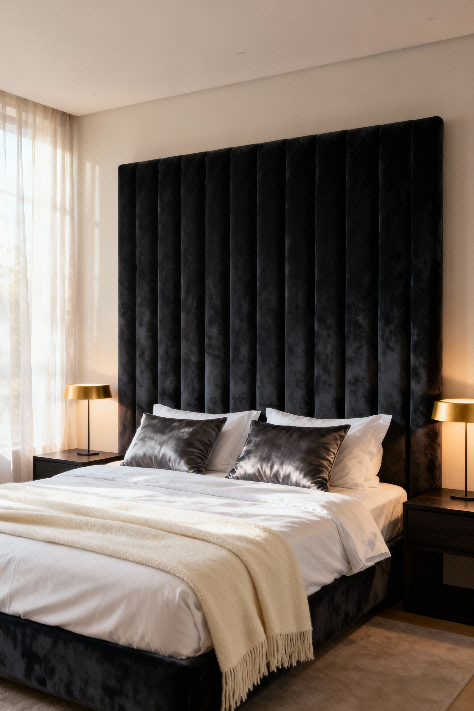 A luxurious bedroom featuring a king-sized bed with an imposing, floor-to-ceiling charcoal velvet channel-tufted headboard, emphasizing coziness and security.