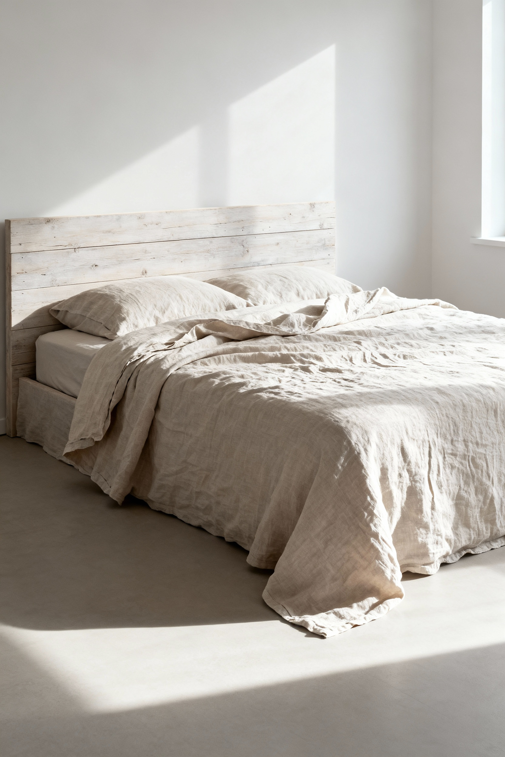 Cozy, temperature-regulated bedroom featuring a king-sized bed draped in soft, washed oatmeal-colored linen sheets, emphasizing comfort for deep, restful sleep.