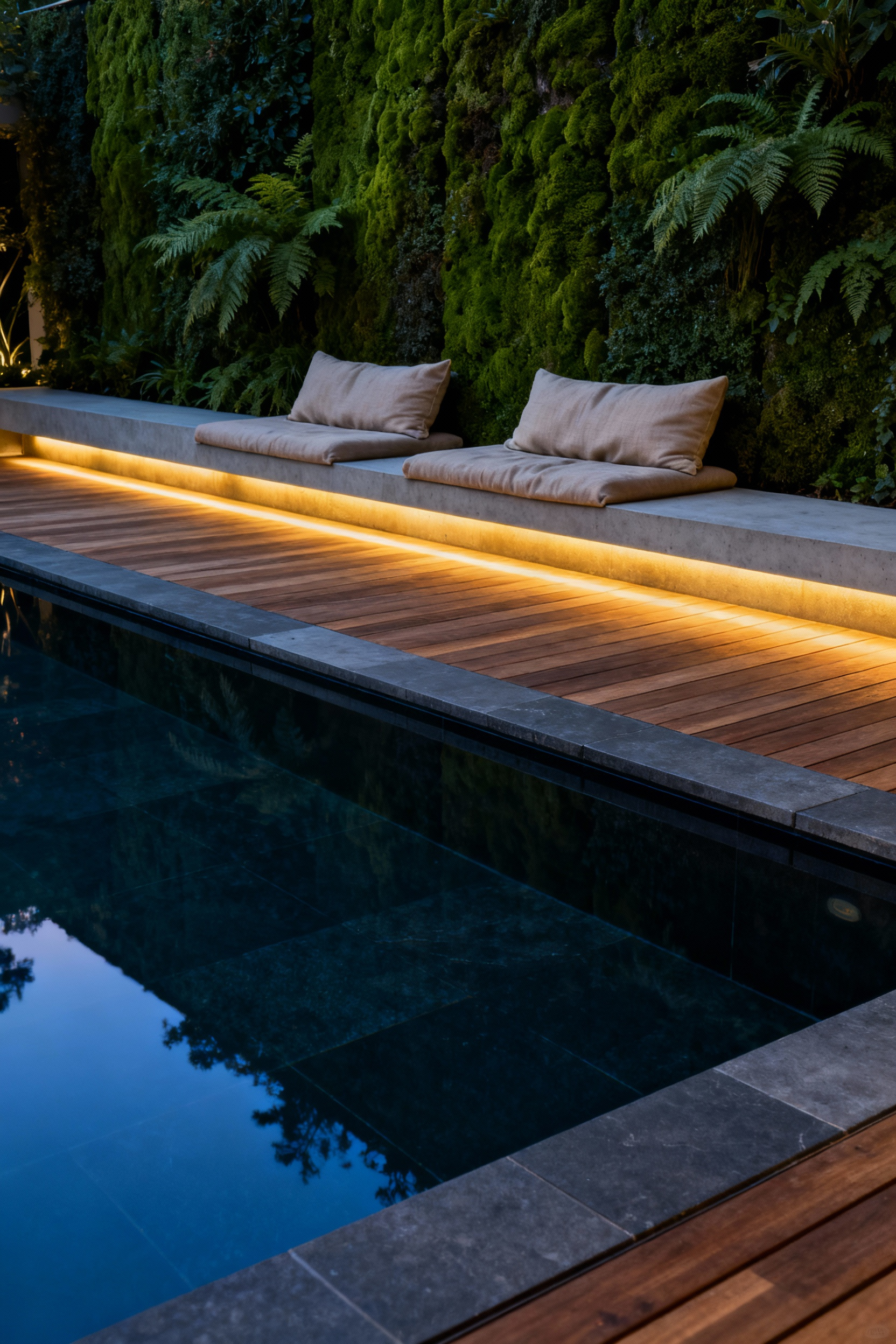 A modern, high-end residential backyard designed as a spa-like wellness sanctuary featuring a reflecting pool, teak decking, and integrated seating under soft twilight lighting.