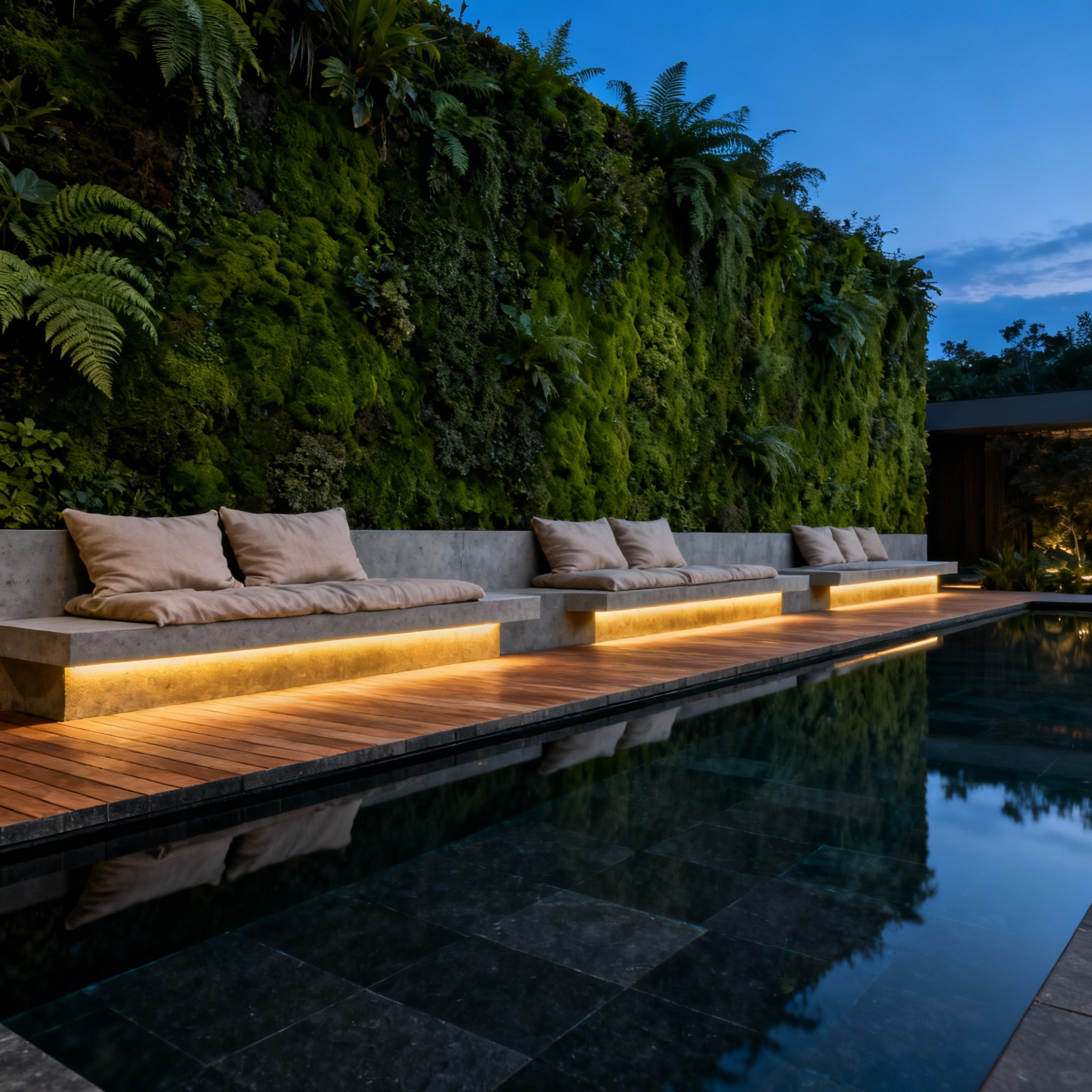 A modern, high-end residential backyard designed as a spa-like wellness sanctuary featuring a reflecting pool, teak decking, and integrated seating under soft twilight lighting.
