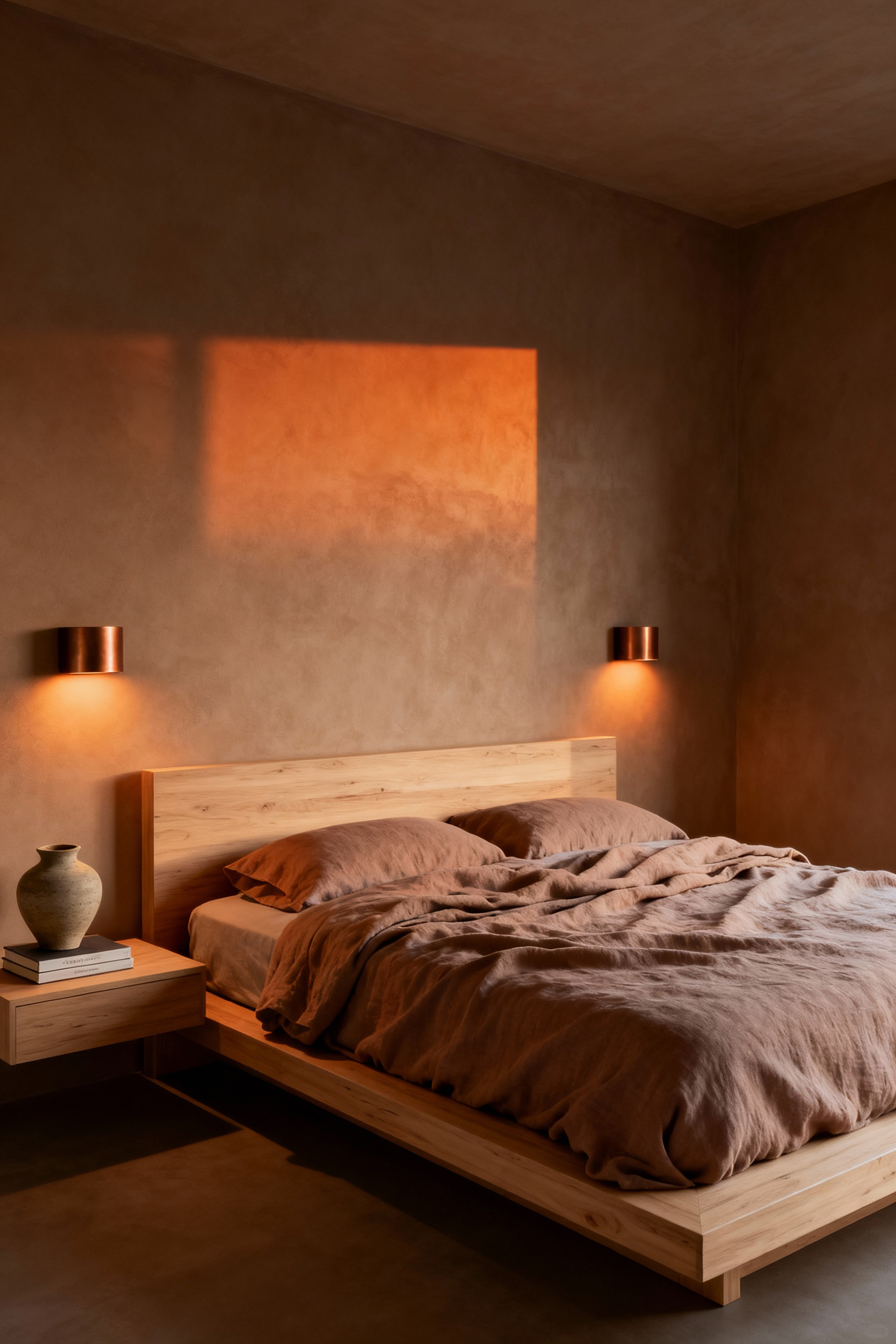A wellness-focused bedroom retreat featuring a linen-covered bed, natural wood elements, and warm, dim wall sconces designed to eliminate visual clutter and support natural circadian rhythms.
